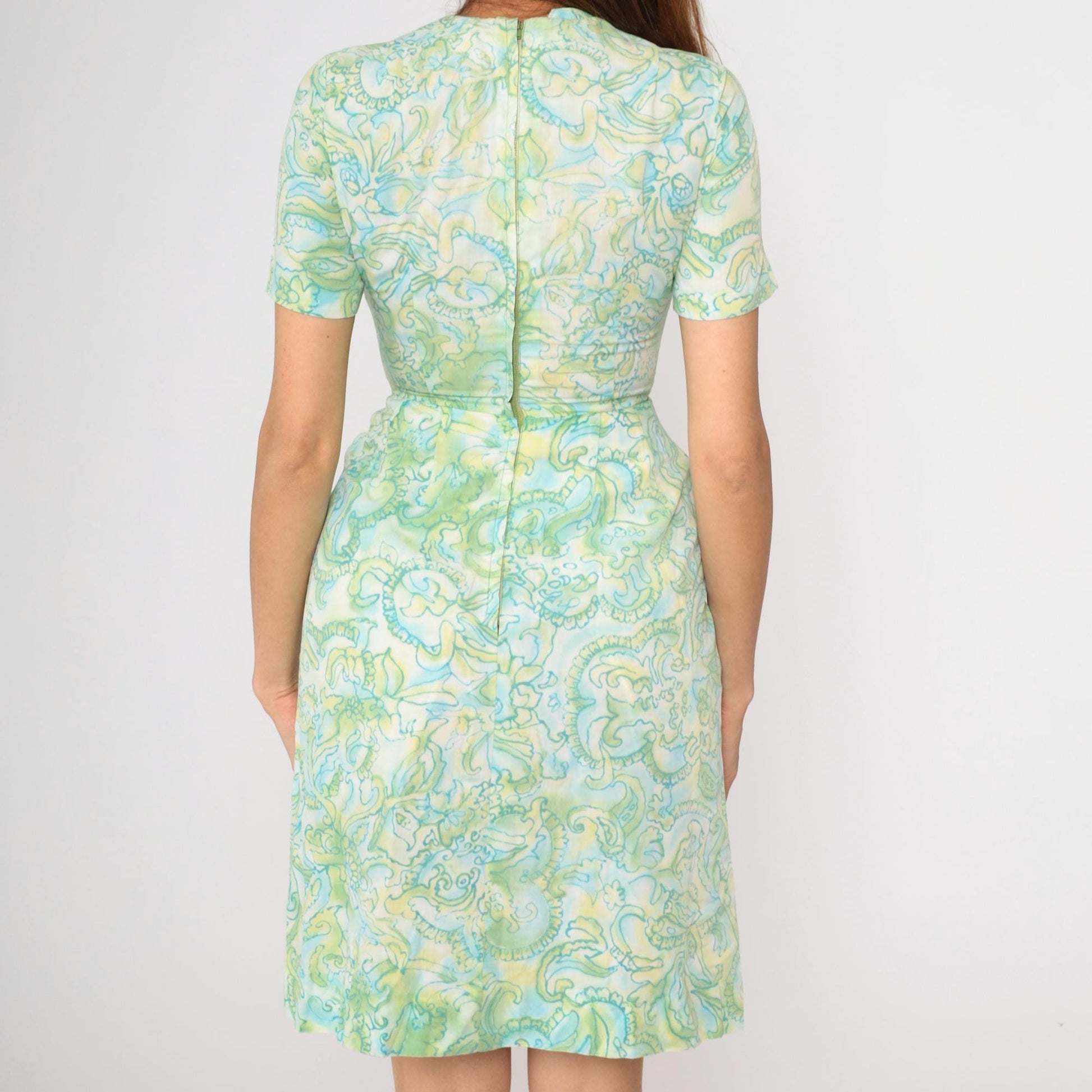 60s Abstract Floral Sheath Dress Green Blue Mini Short Sleeve Extra Small