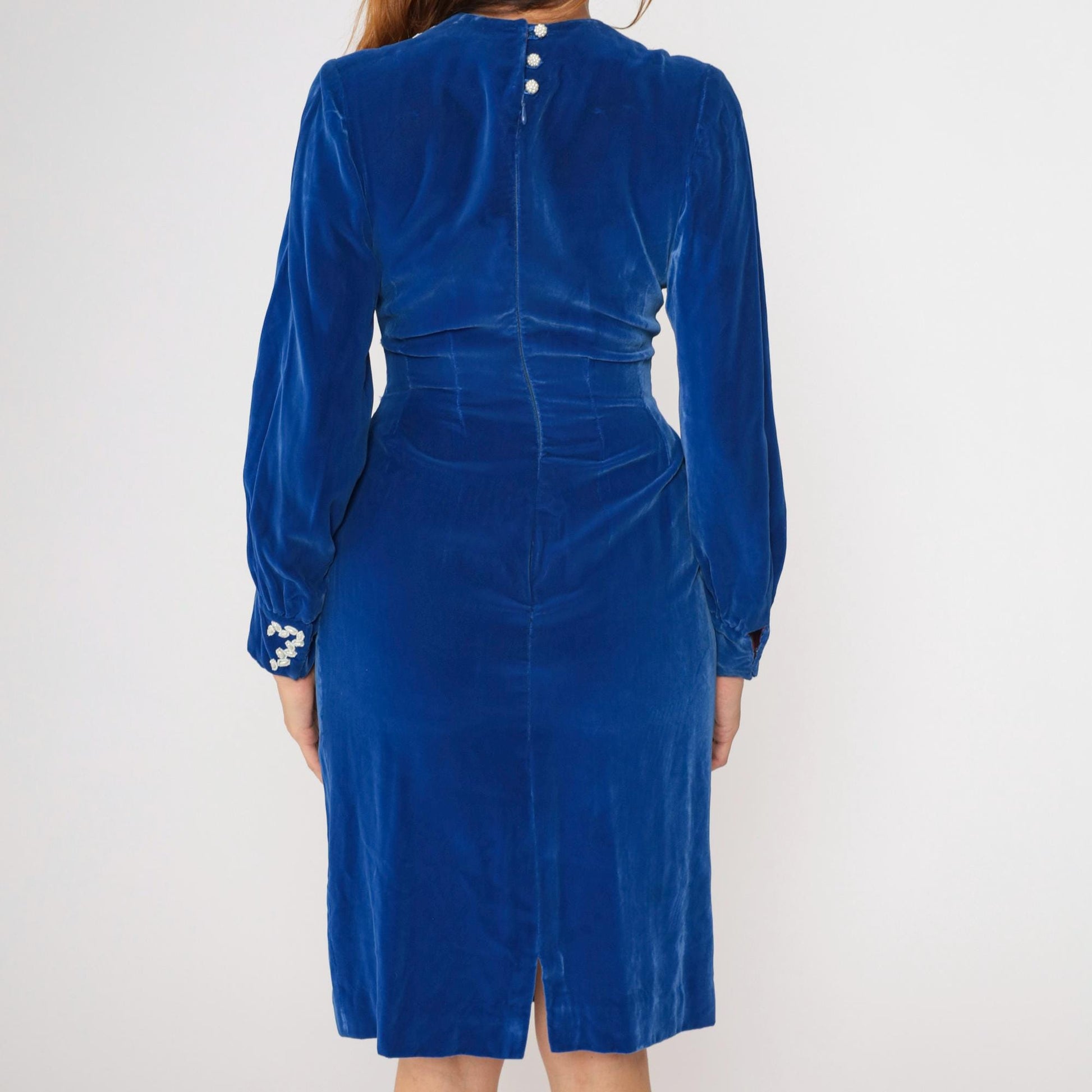 60s Blue Velvet Beaded Cocktail Dress Long Sleeve Sheath Pencil Knee Length Small
