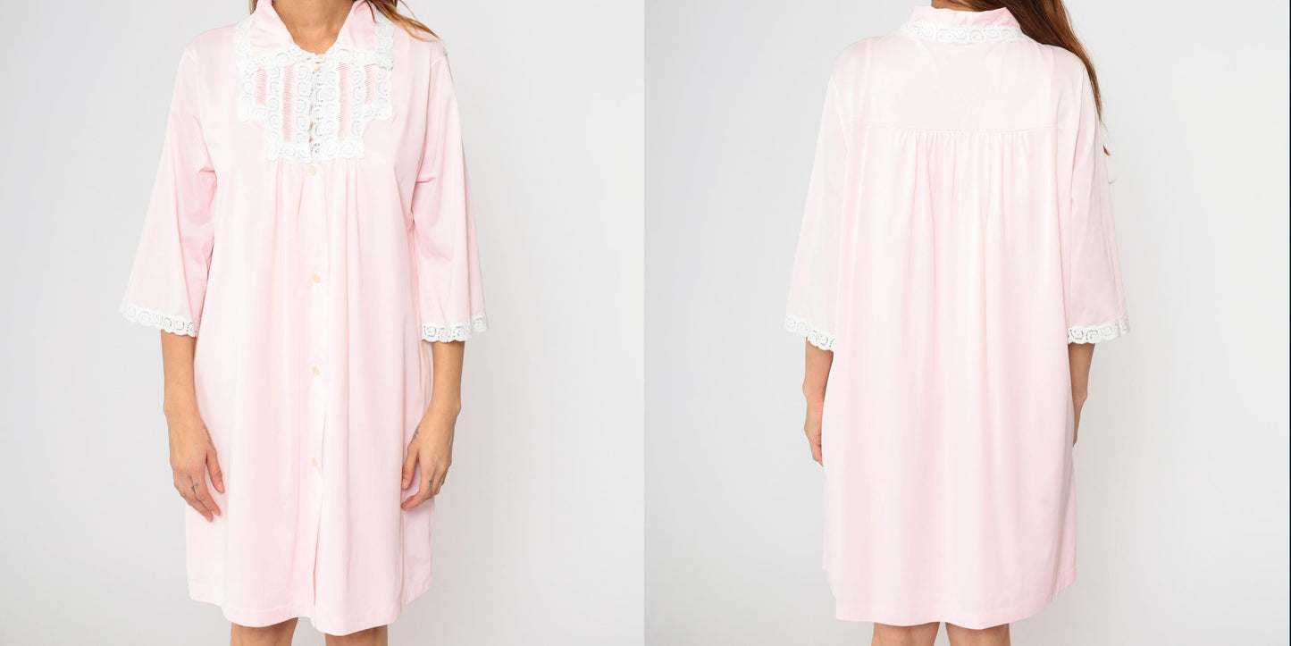 70s Baby Pink Nylon Nightgown & Robe Set Lace Trim Mini Large L