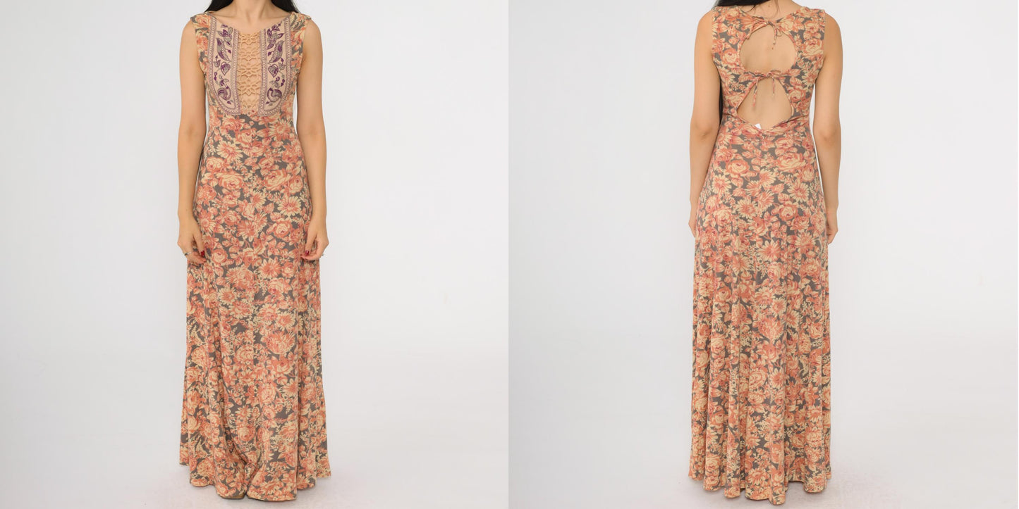 70s Floral Maxi Dress Embroidered Birds Keyhole Lace Sleeveless Grey Orange Extra Small
