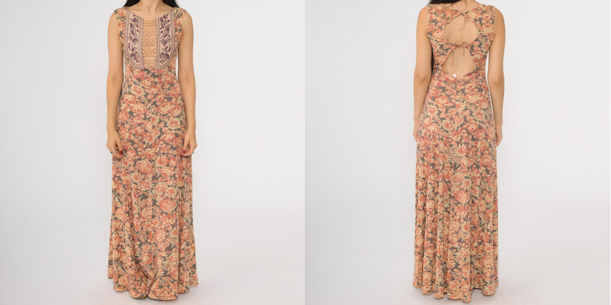 70s Floral Maxi Dress Embroidered Birds Keyhole Lace Sleeveless Grey Orange Extra Small