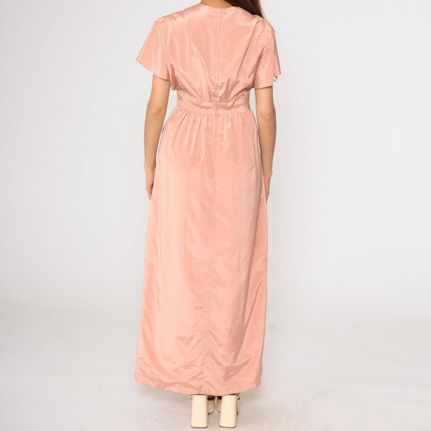 70s Pink Pleated Maxi Dress Flutter Sleeve V-Neck High Waist Front Slit Medium