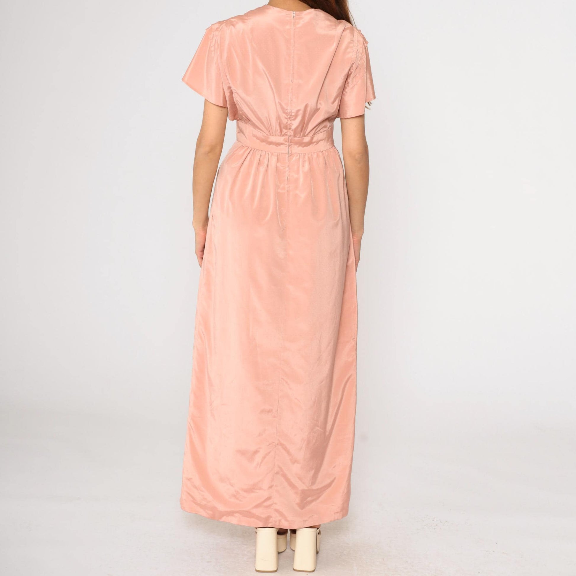 70s Pink Pleated Maxi Dress Flutter Sleeve V-Neck High Waist Front Slit Medium