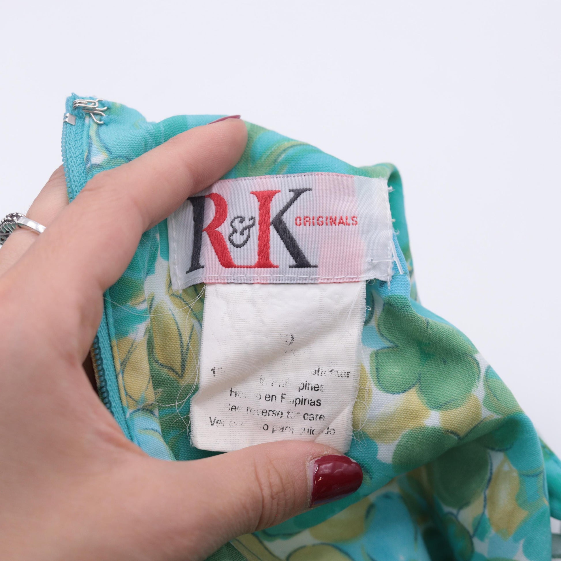 90s R & K Originals Floral Midi Dress Turquoise Blue Sleeveless Mermaid Hem Medium