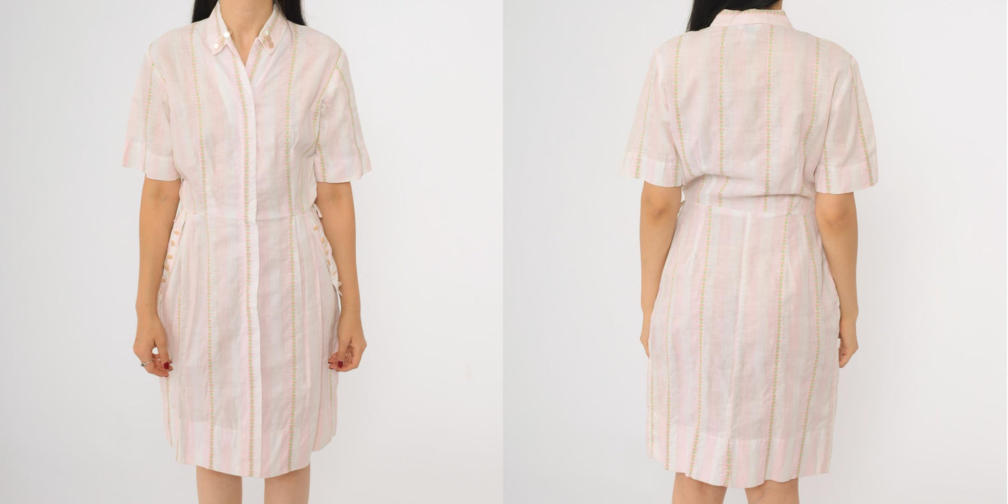 60s Pink White Striped Cotton Dress High Waist Zip Front Pockets Small