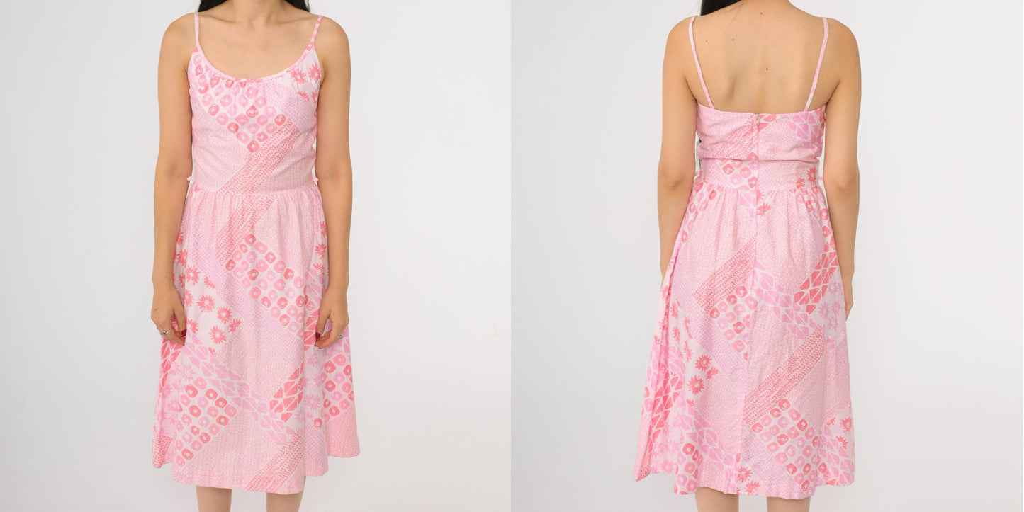 70s Malia Foster Hawaiian Midi Dress Pink Geometric High Waist Spaghetti Strap Extra Small