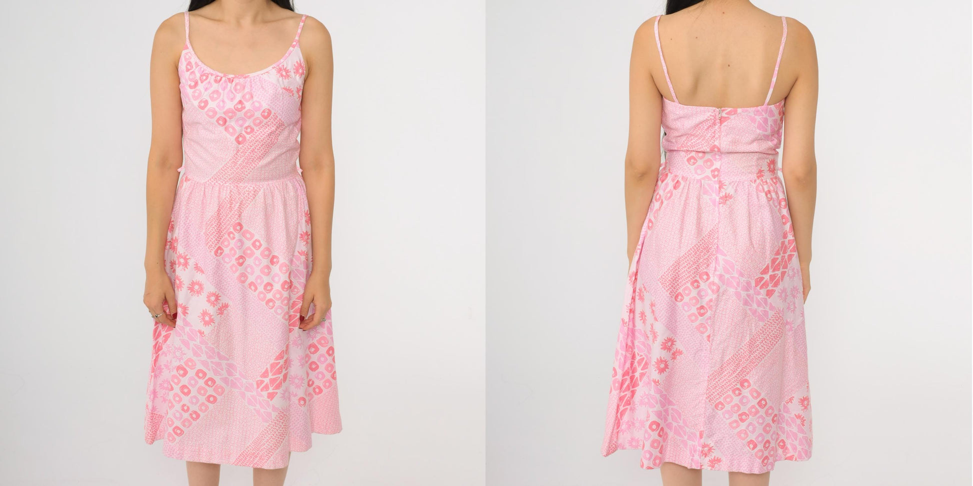 70s Malia Foster Hawaiian Midi Dress Pink Geometric High Waist Spaghetti Strap Extra Small