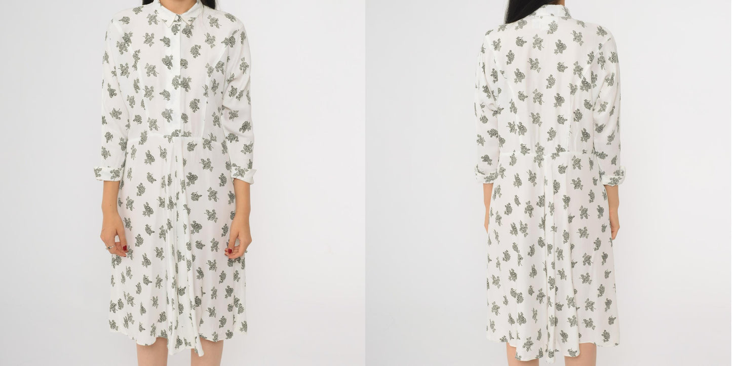 90s White Floral Button-Up Shirtdress Knee Length 3/4 Sleeve Small