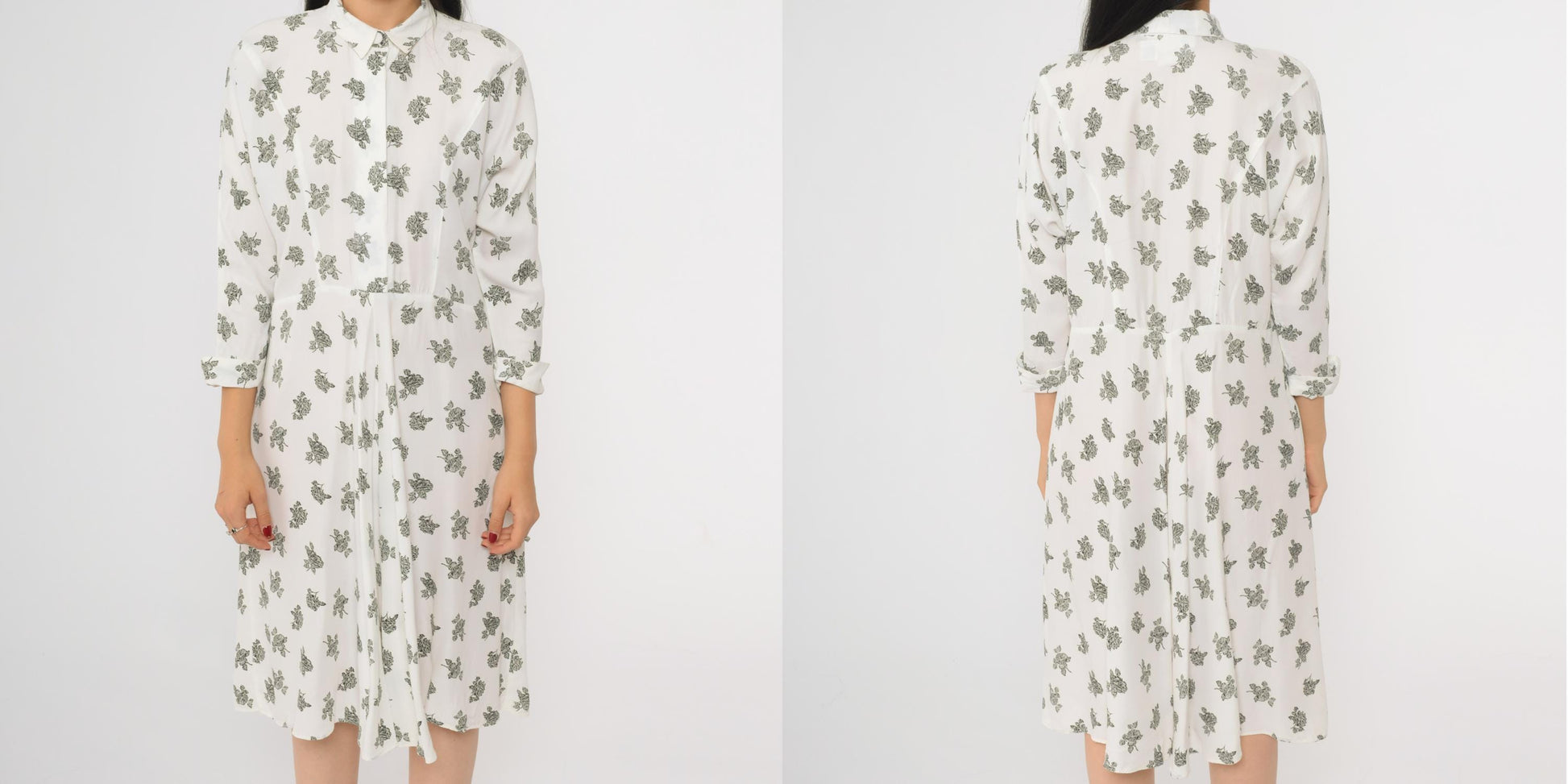 90s White Floral Button-Up Shirtdress Knee Length 3/4 Sleeve Small