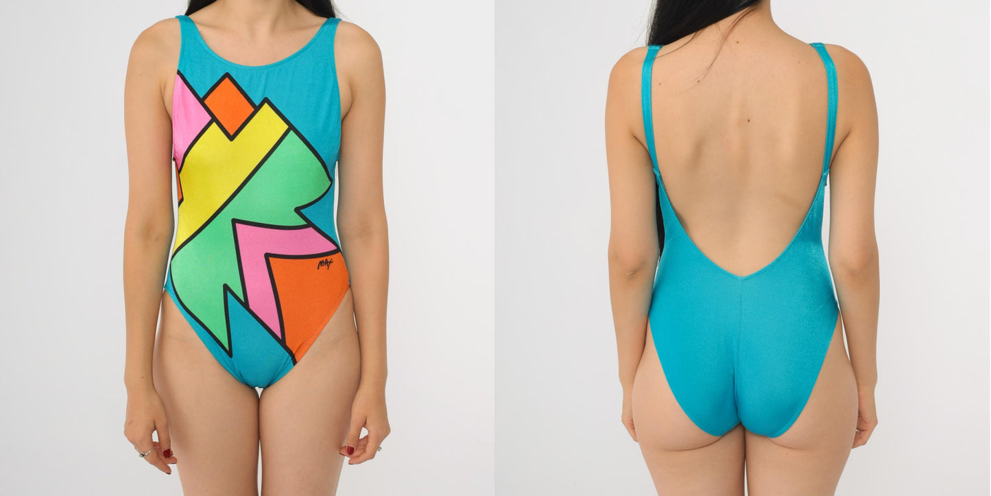 80s Neo Max Peter Max One Piece Swimsuit Neon Colorblock Abstract Size 8