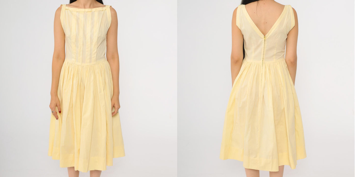 60s Yellow Boatneck Midi Dress Pleated Full Skirt Sleeveless Extra Small
