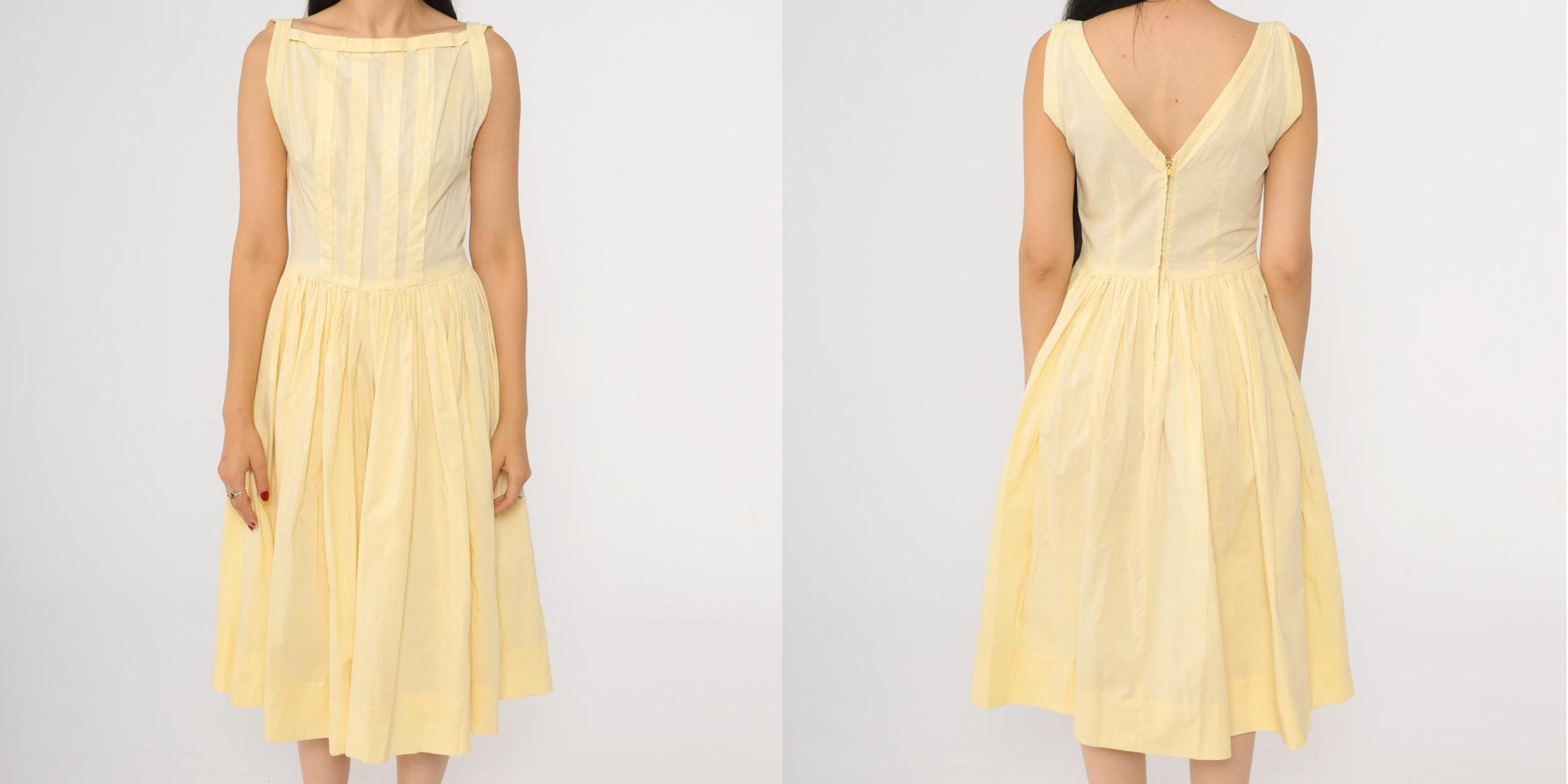 60s Yellow Boatneck Midi Dress Pleated Full Skirt Sleeveless Extra Small