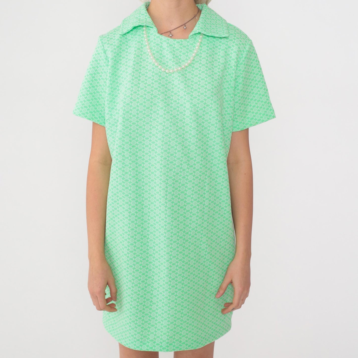 60s Mod Mini Dress Green Geometric Print Shift Short Sleeve Medium Large