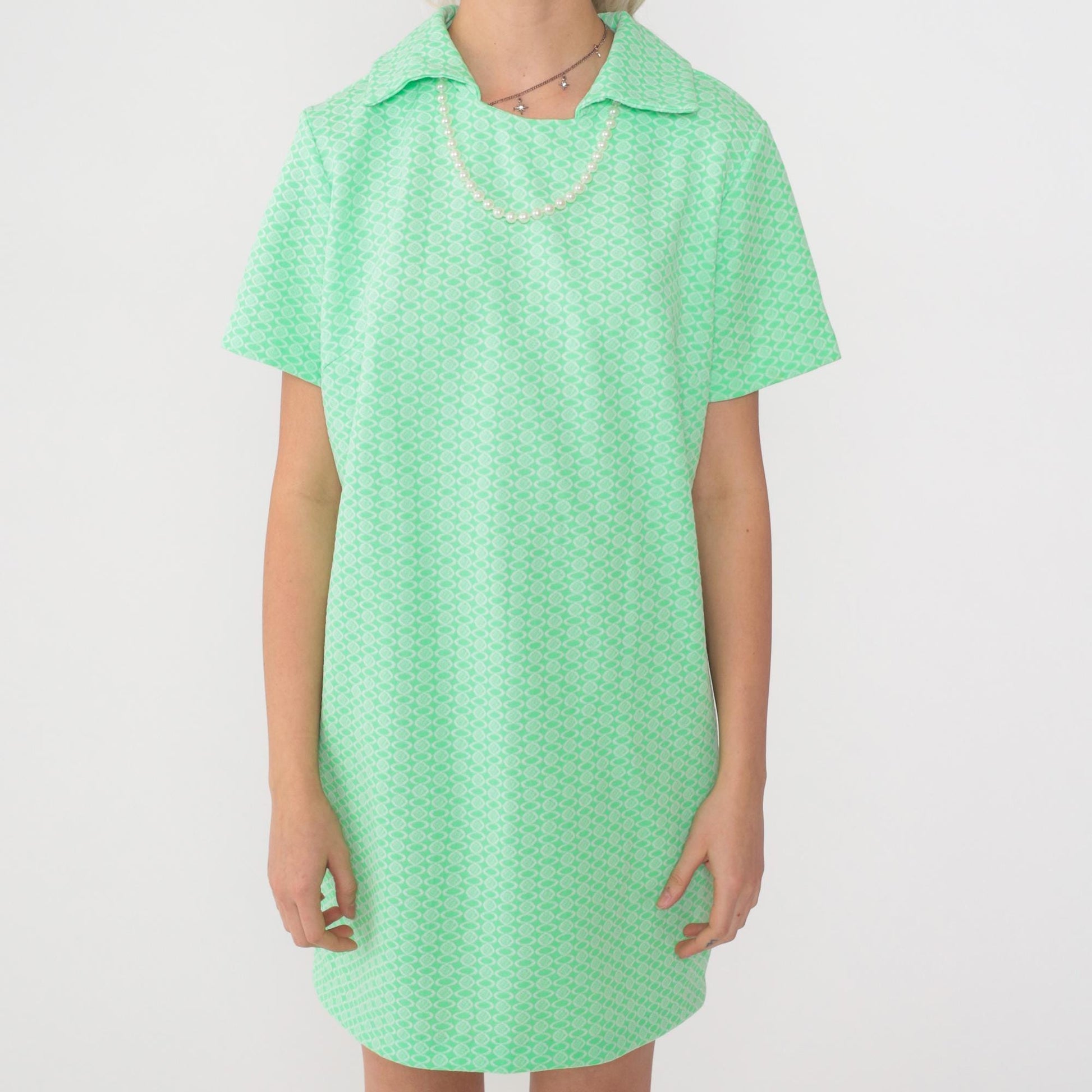 60s Mod Mini Dress Green Geometric Print Shift Short Sleeve Medium Large
