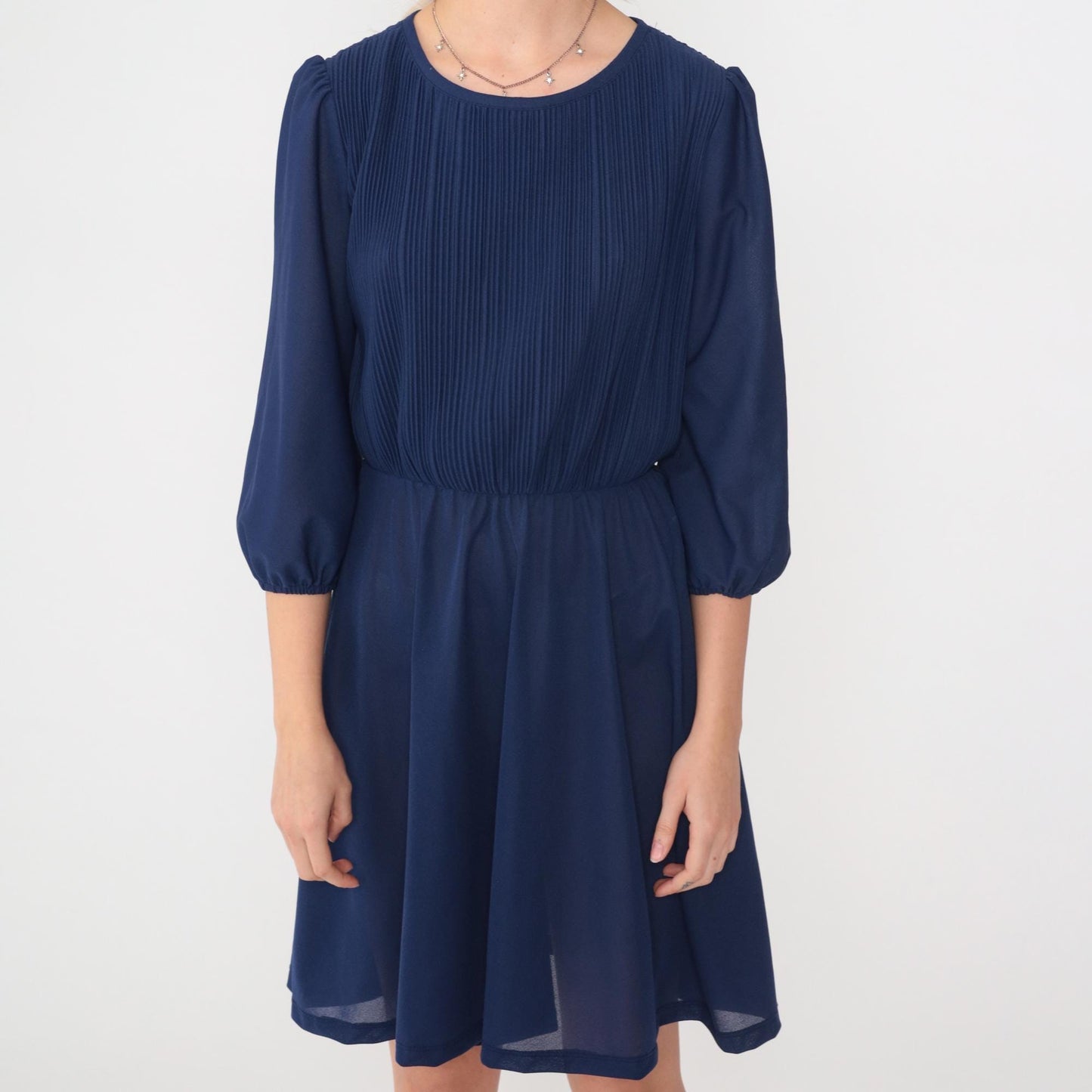 80s Navy Puff Sleeve Mini Dress Knife Pleated High Waist Medium Large