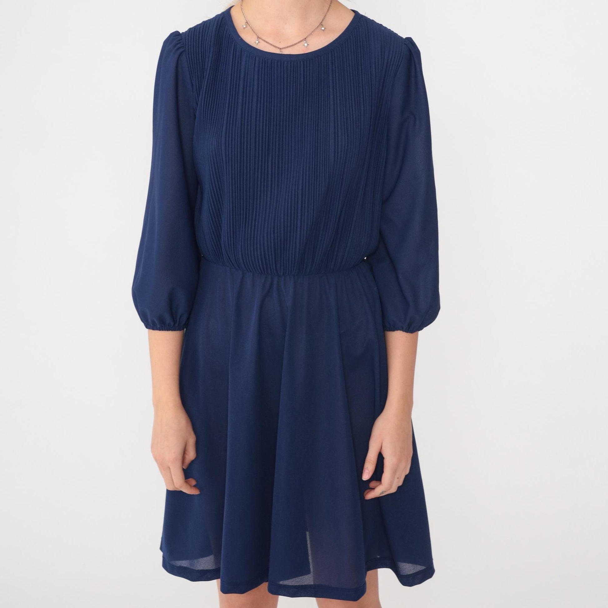 80s Navy Puff Sleeve Mini Dress Knife Pleated High Waist Medium Large