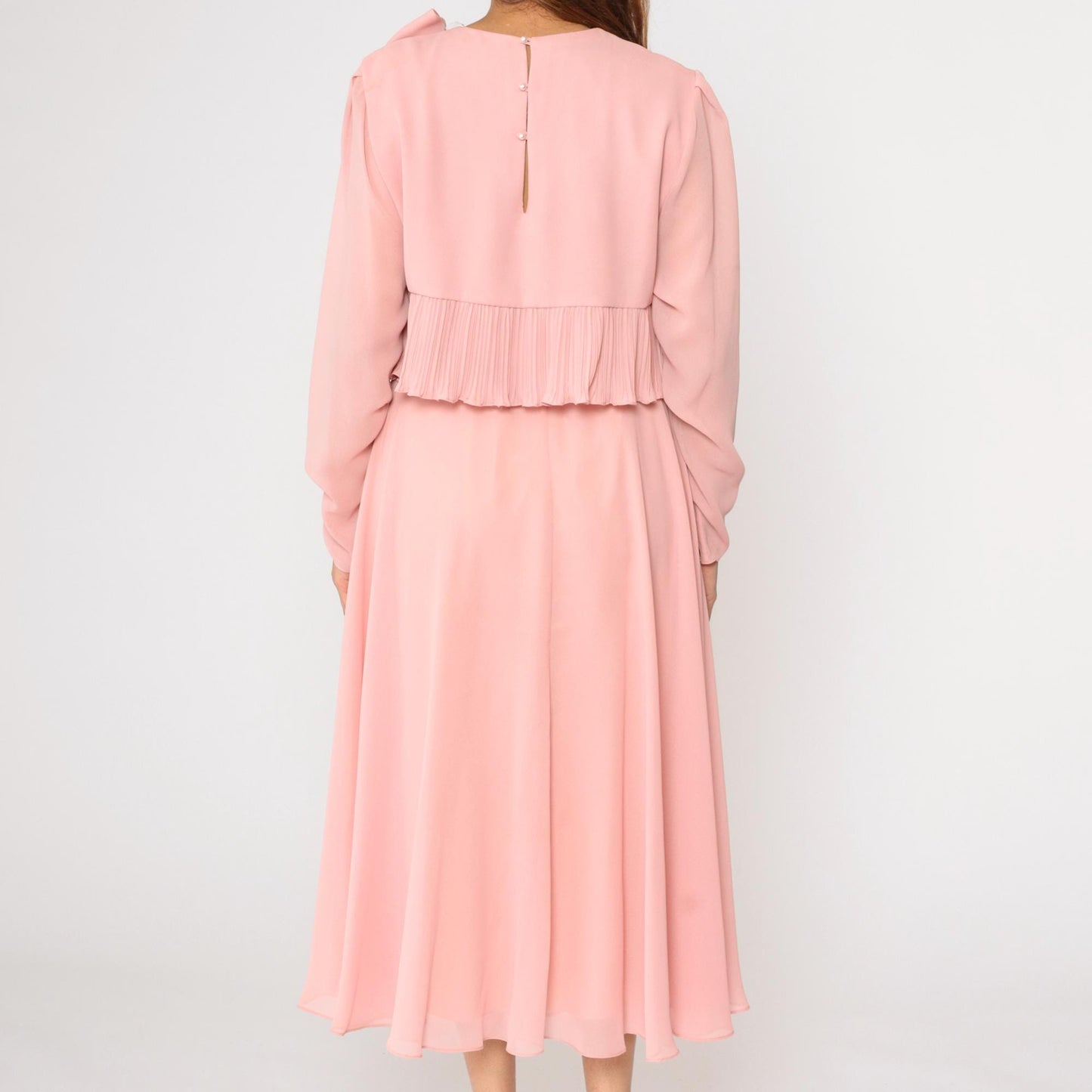 80s Ursula of Switzerland Pink Chiffon Midi Dress Puff Sleeve Bow Medium