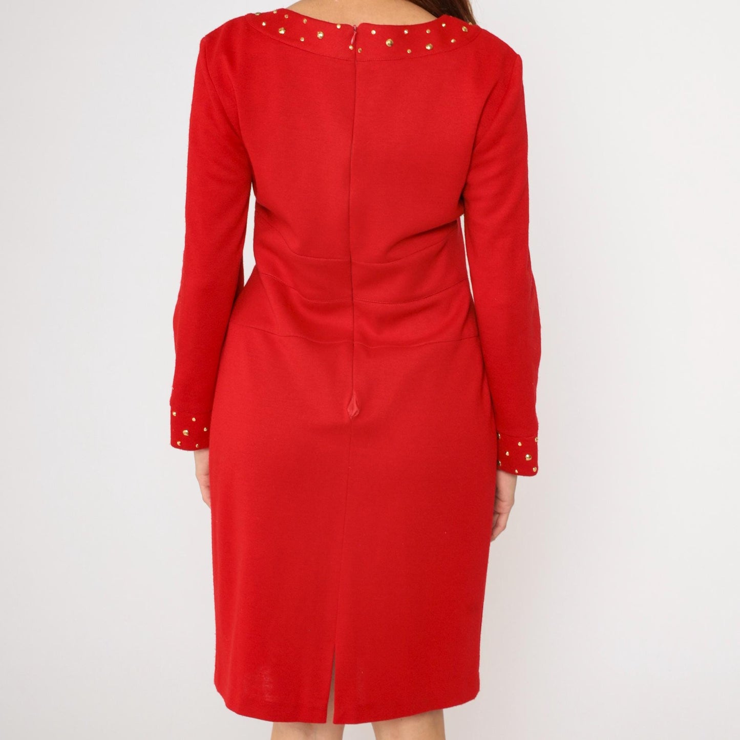 80s Nicole Studio Red Studded Knit Dress Gold Trim Pencil High Waist Medium