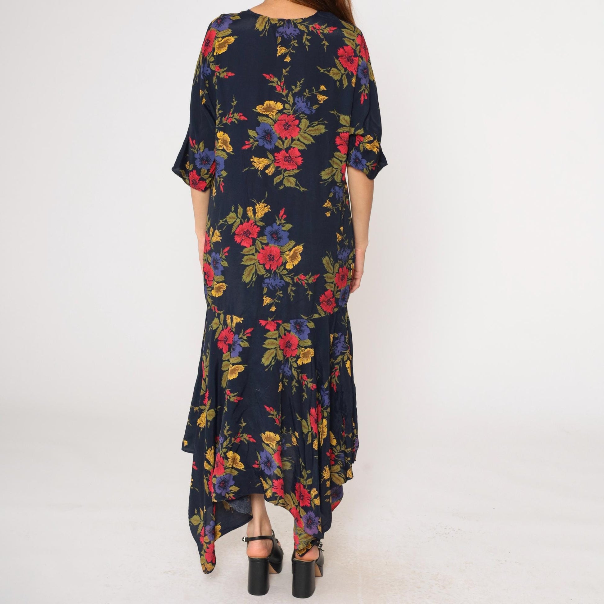 90s Navy Floral Maxi Dress Asymmetrical Hanky Hem Drop Waist Medium
