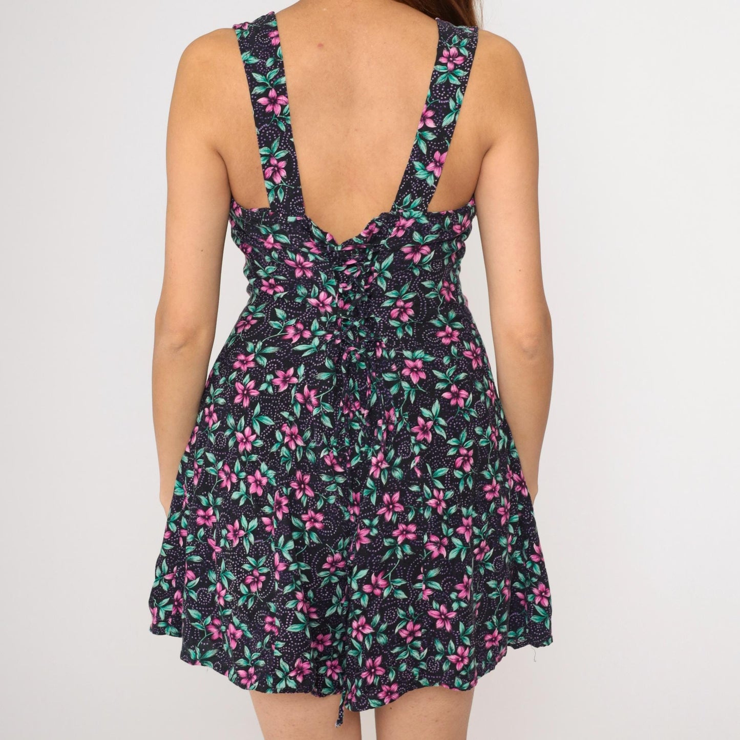 90s Joni Blair Black Floral Romper Sweetheart Neckline Wide Leg Medium