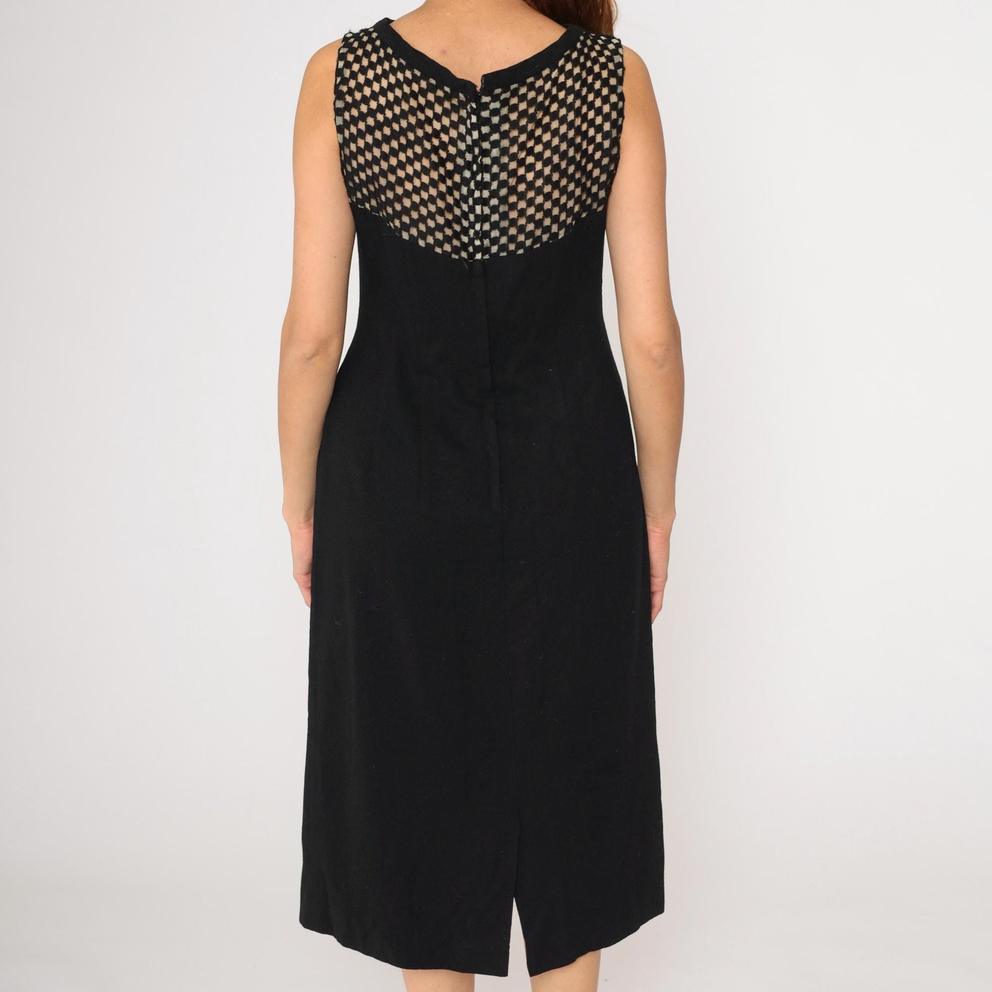 1960s Black Wool Midi Cocktail Dress Sheer Checkered Yoke Sleeveless Medium