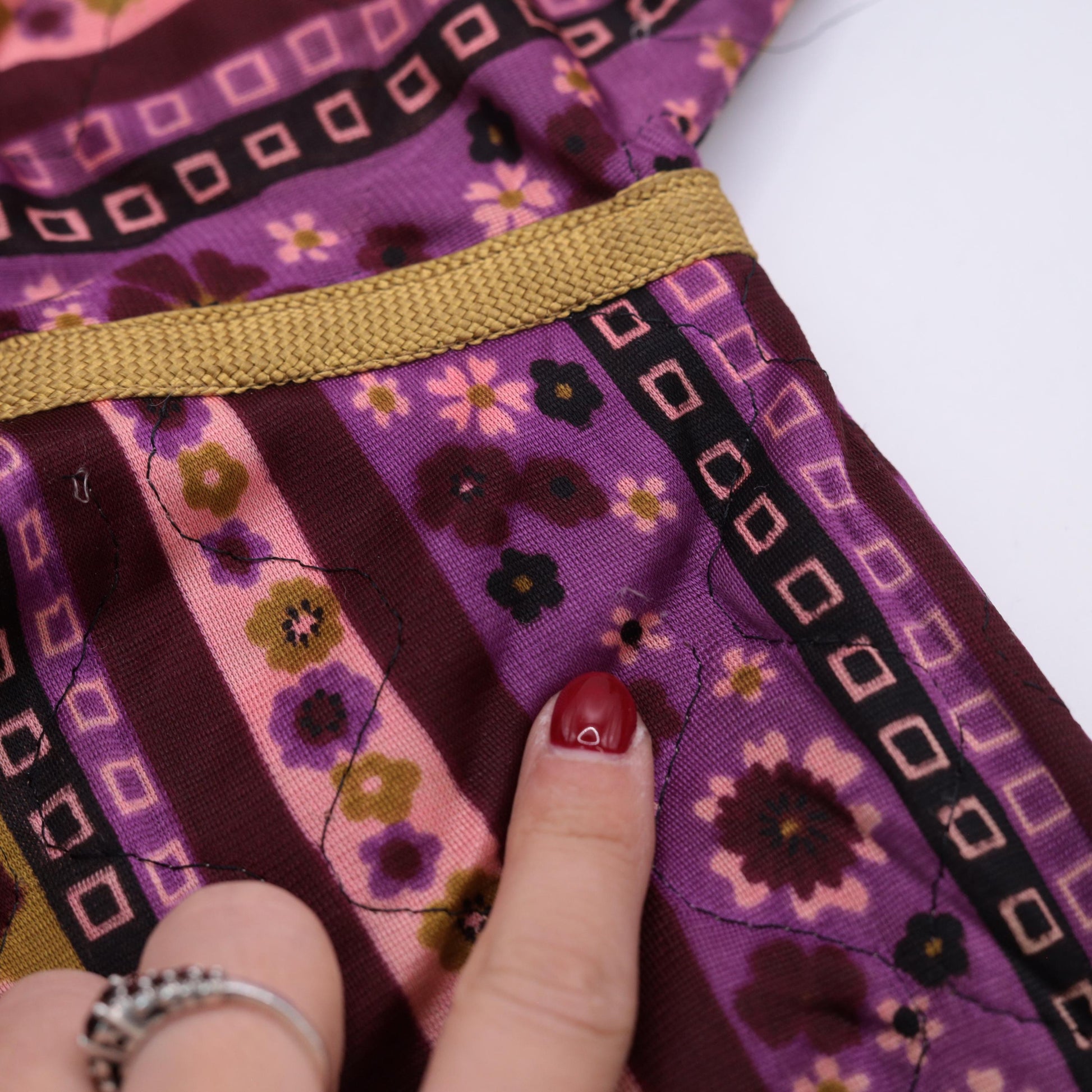 70s Quilted Floral Shift Dress Purple Mustard Striped Mini Small S