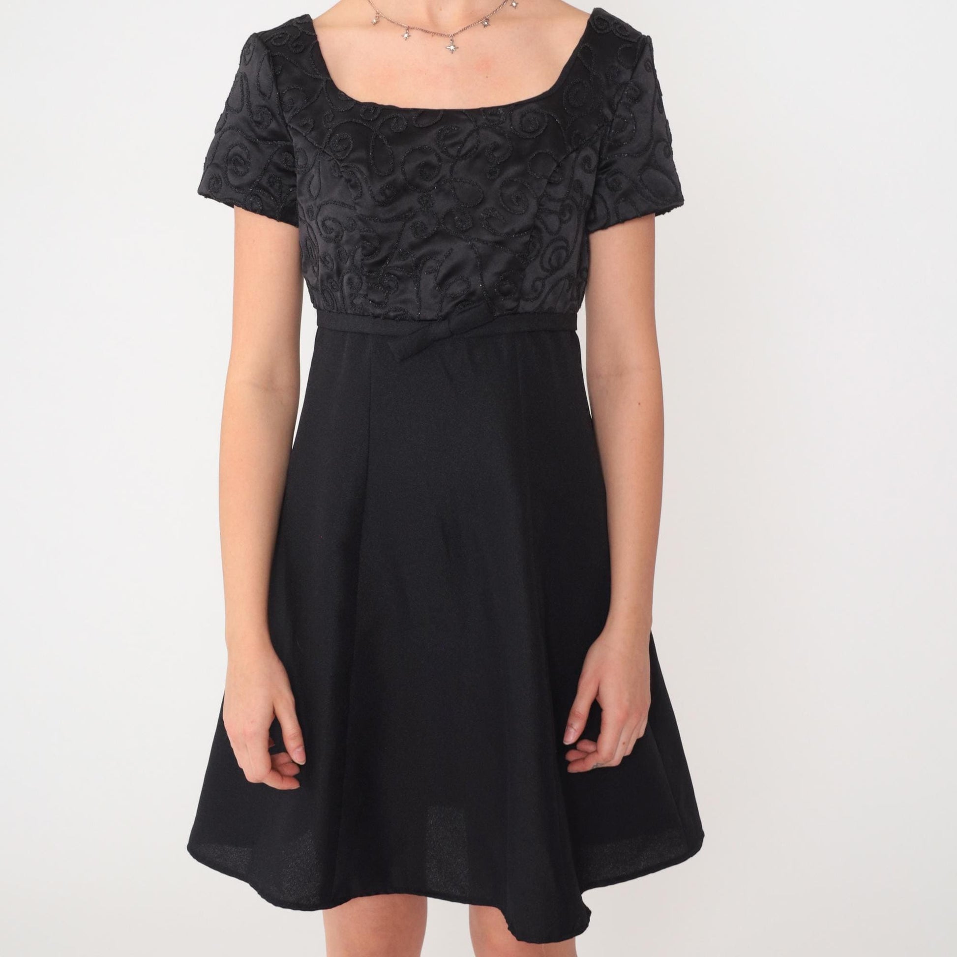 90s Black Micro Beaded Satin Mini Dress Empire Waist Scoop Neck Small 4