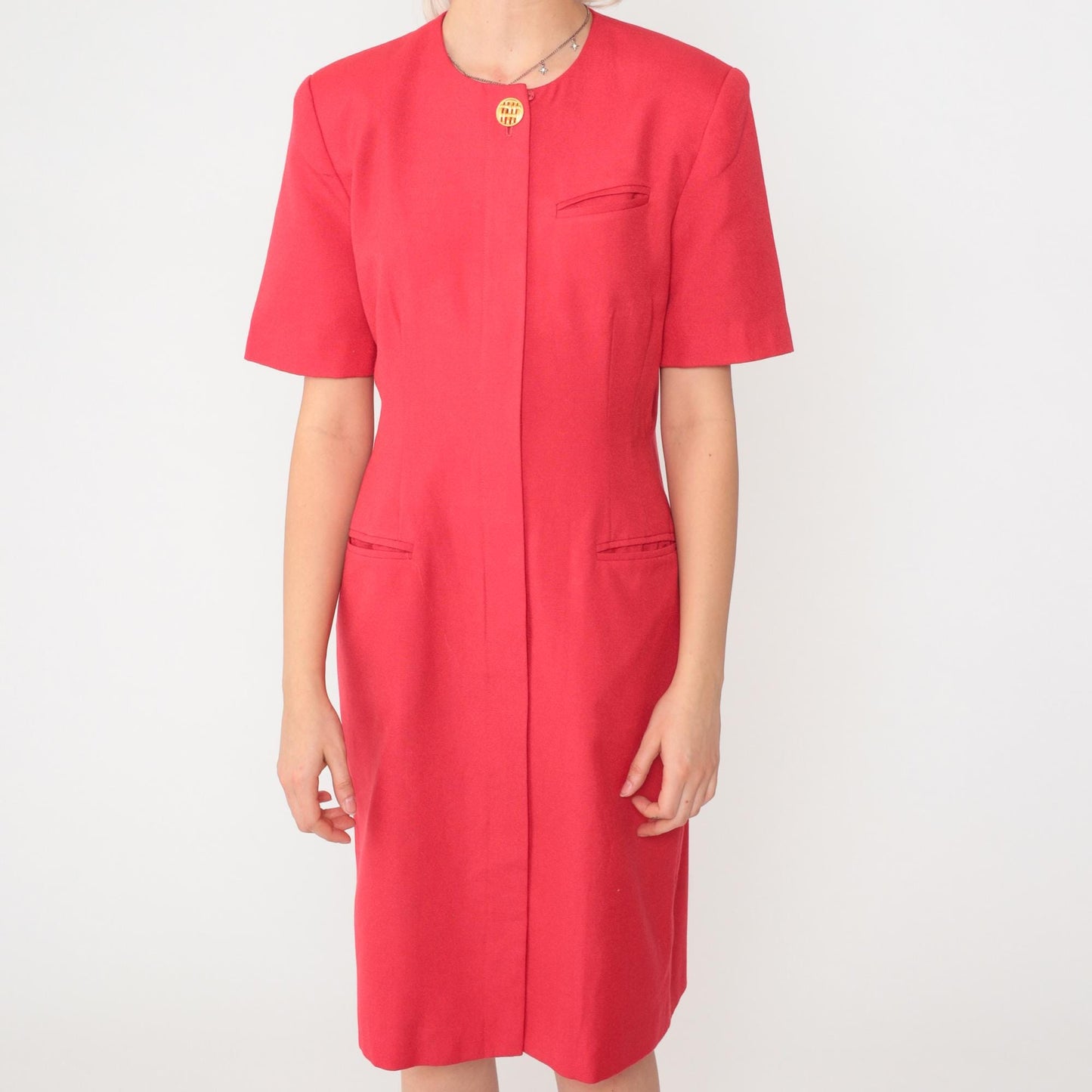 90s Kasper Red Button-Up Shirtdress Knee Length Short Sleeve Medium Petite