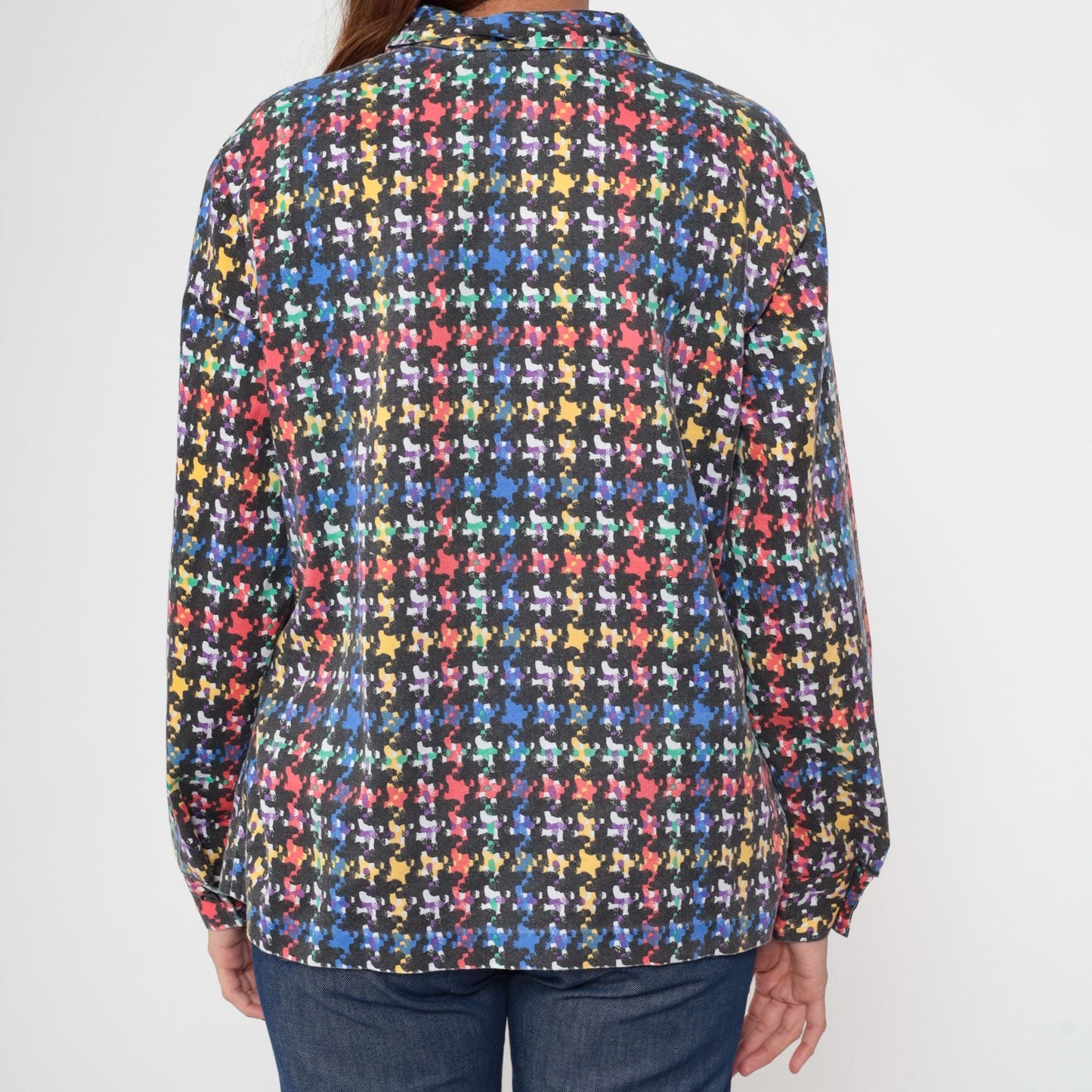 80s Rainbow Plaid Button-Up Blouse Black Checkered Long Sleeve Collared Large L