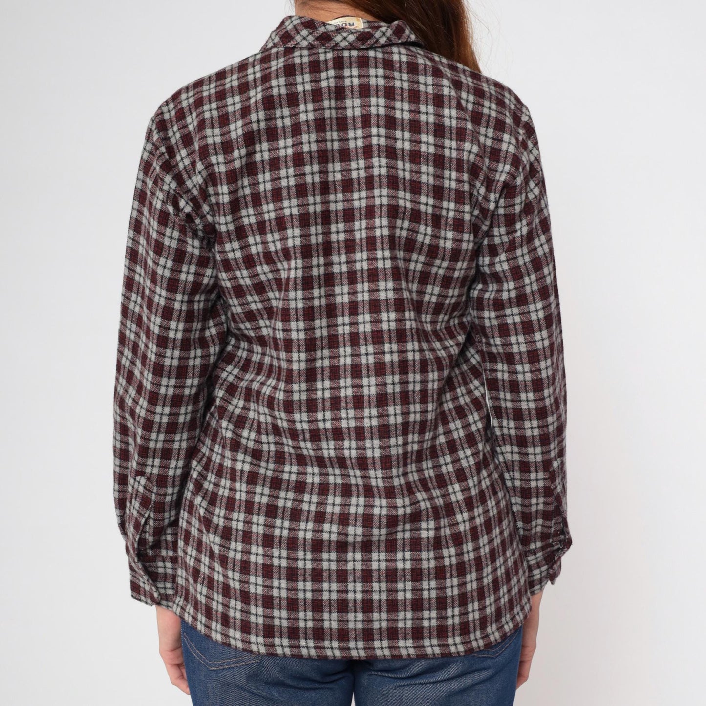 80s Rollex Wool Blend Plaid Button-Up Shirt Grey Red Small