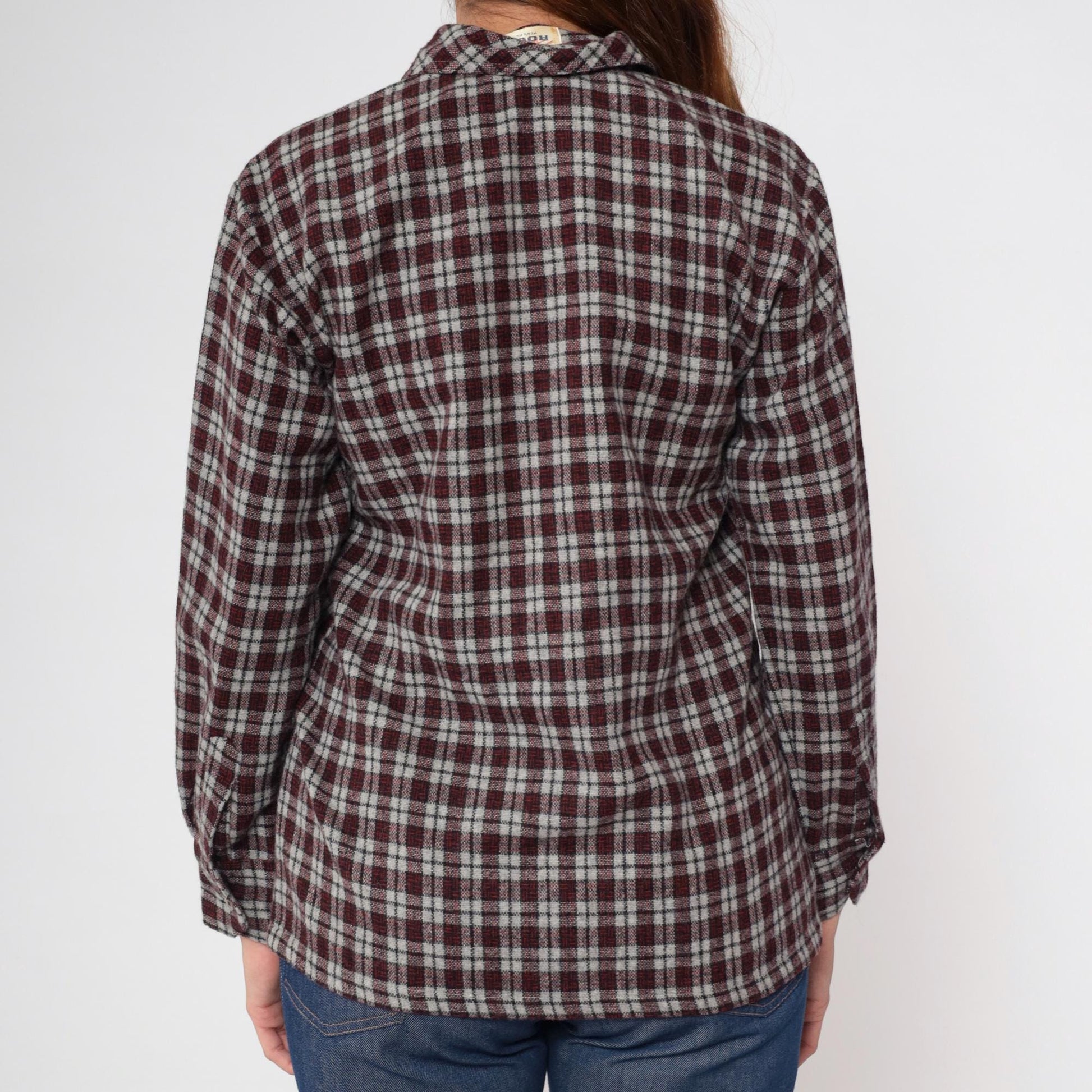 80s Rollex Wool Blend Plaid Button-Up Shirt Grey Red Small