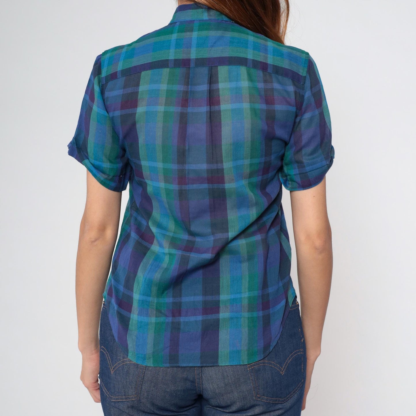 80s Levi's Plaid Button-Up Blouse Purple Blue Green Mandarin Collar Small S
