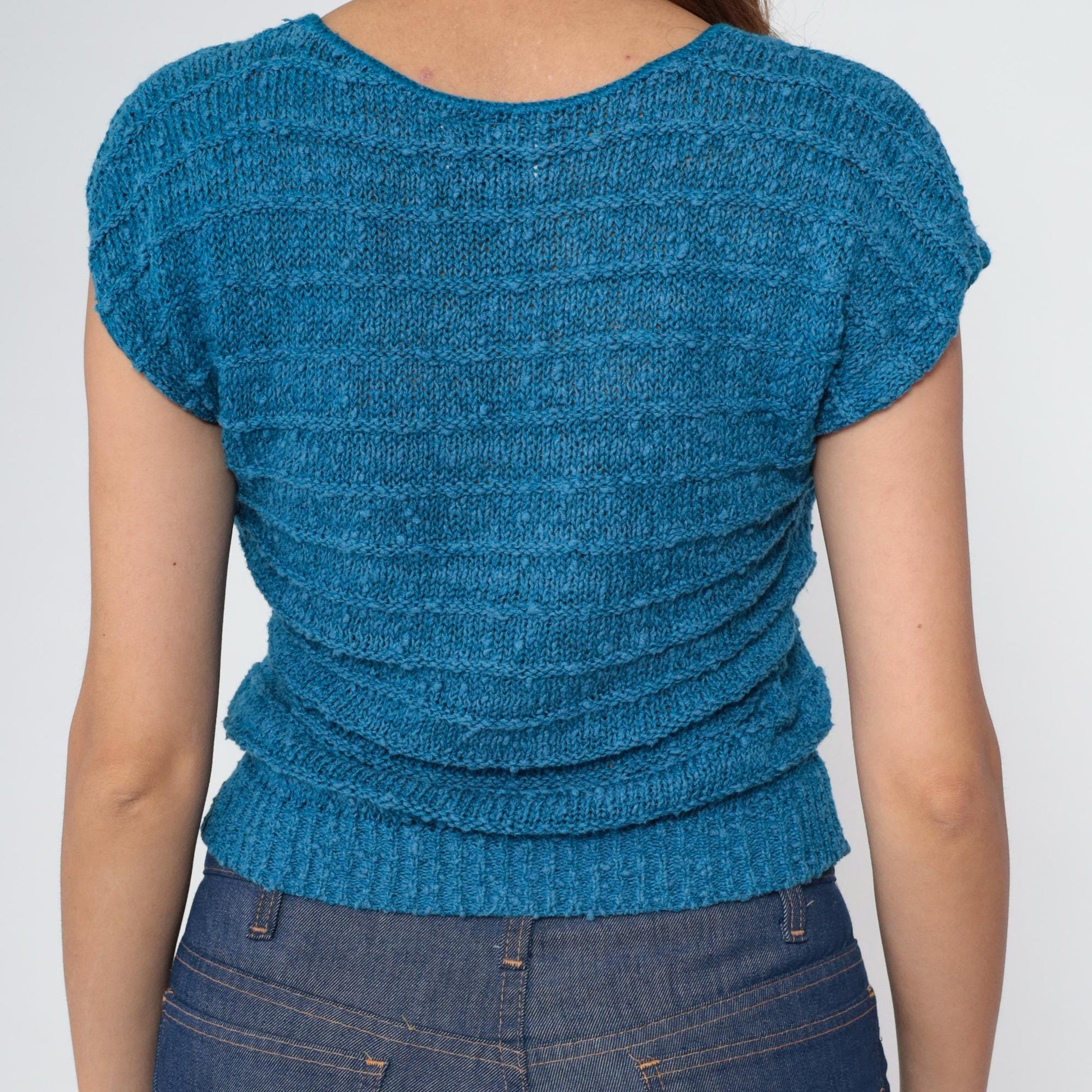 80s Blue Checkered Knit Cropped Top Cap Sleeve Small S