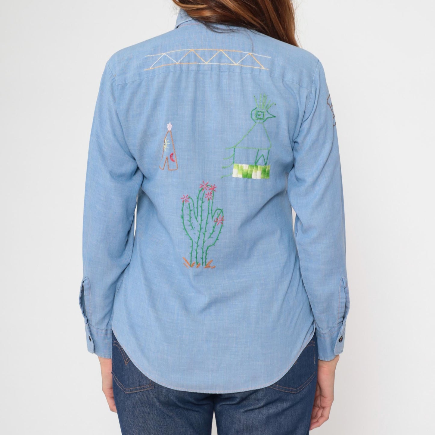 70s Montgomery Ward Chambray Shirt Embroidered Saguaro Cactus Mouse Blue Small