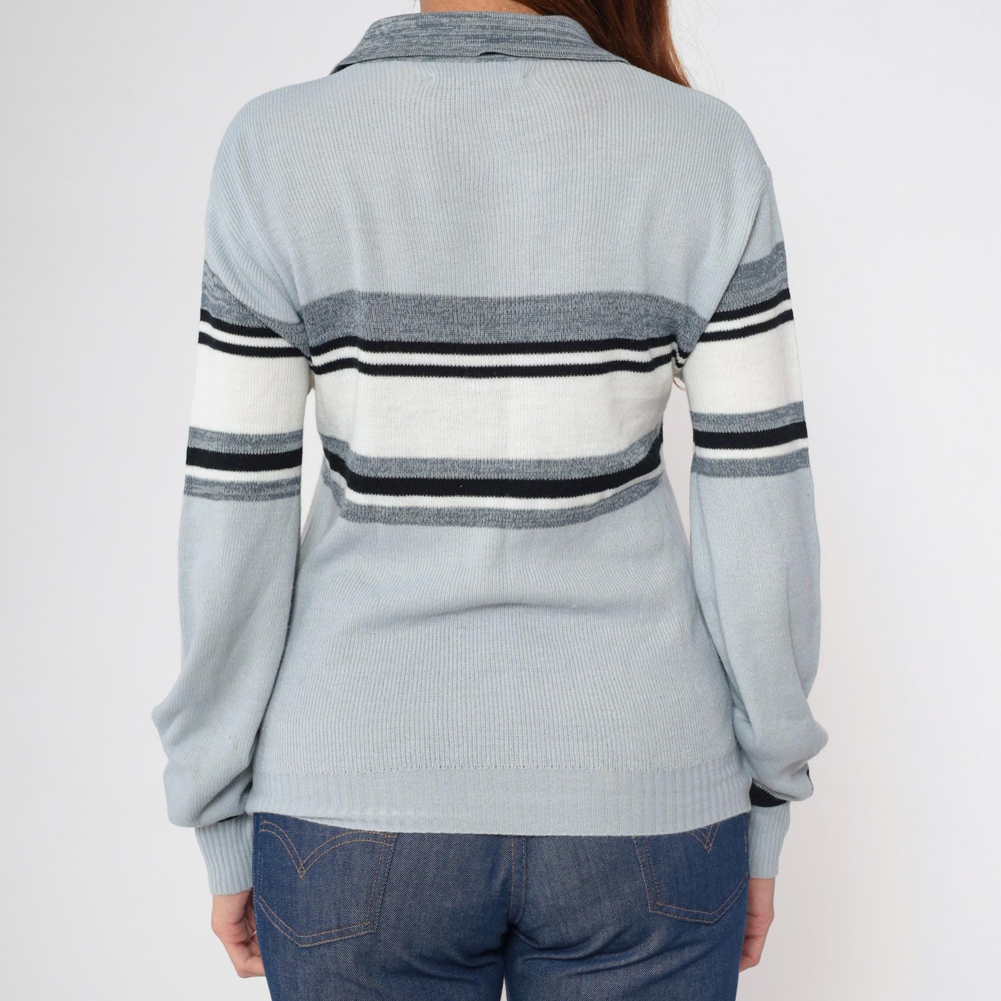 70s Blue Grey Striped Knit Sweater Collared V-Neck Small