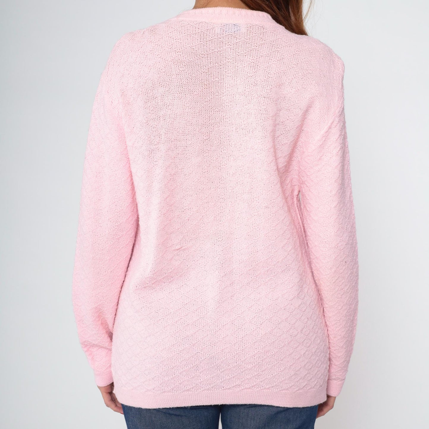70s Baby Pink Pointelle Cardigan Button-Up Knit Sweater Medium