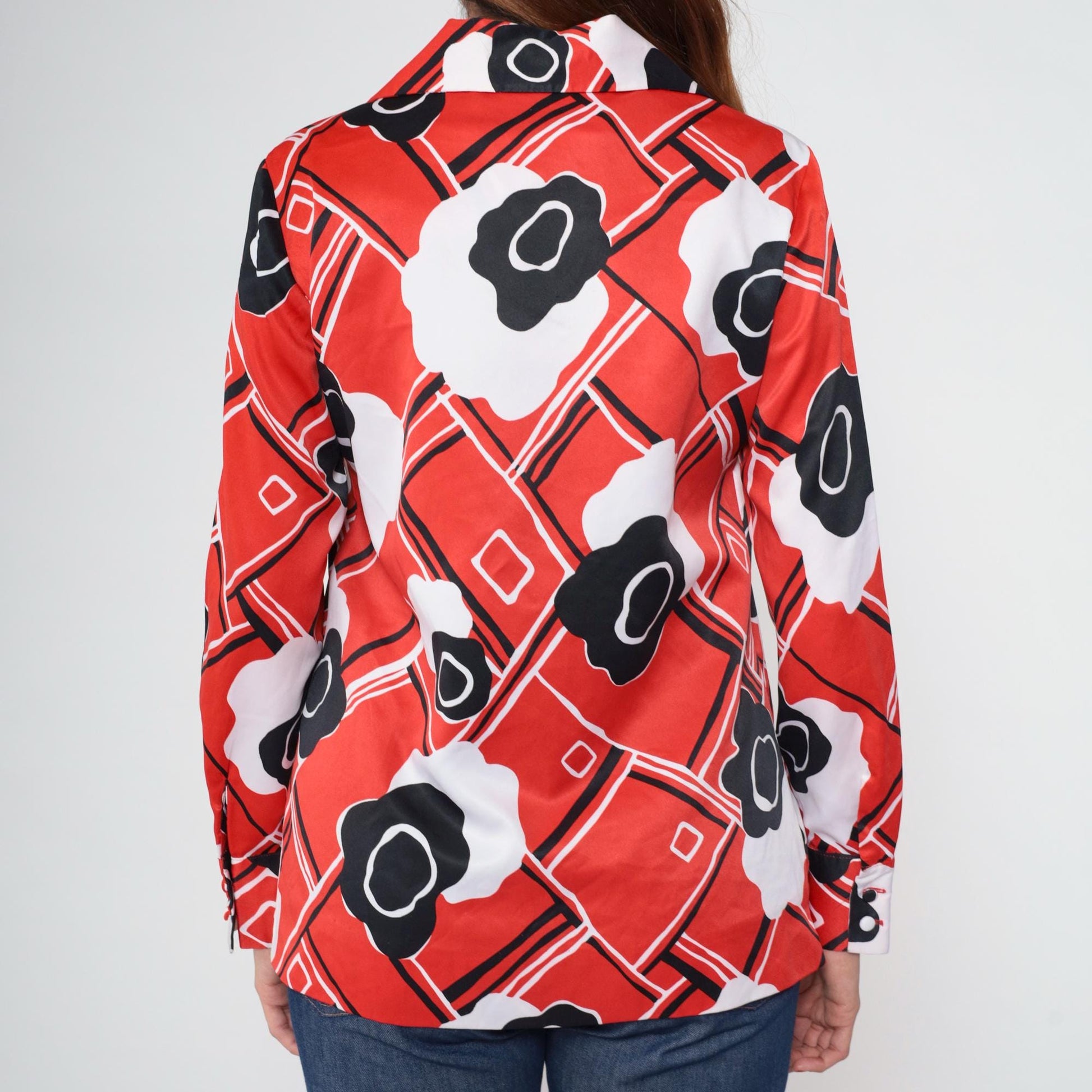 70s Print Bazaar Red Checkered Floral Button-Up Blouse Dagger Collar Medium