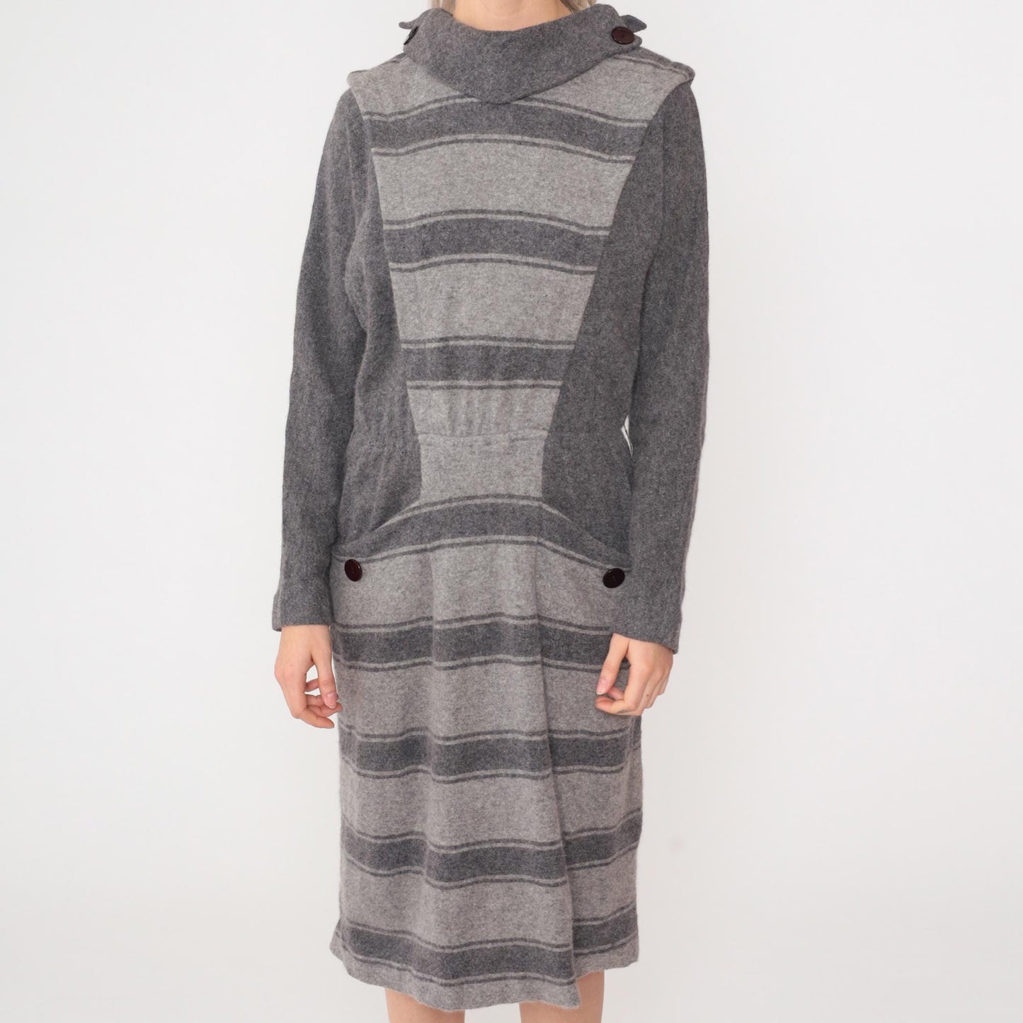 80s Grey Striped Wool Midi Dress Mock Neck Elastic Waist Pockets Small