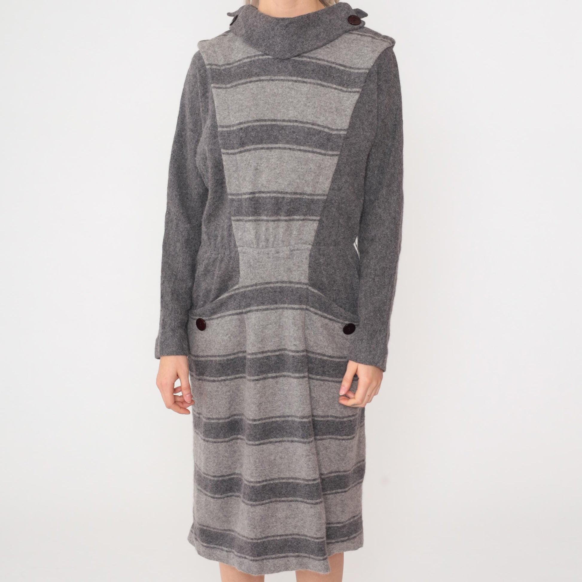 80s Grey Striped Wool Midi Dress Mock Neck Elastic Waist Pockets Small