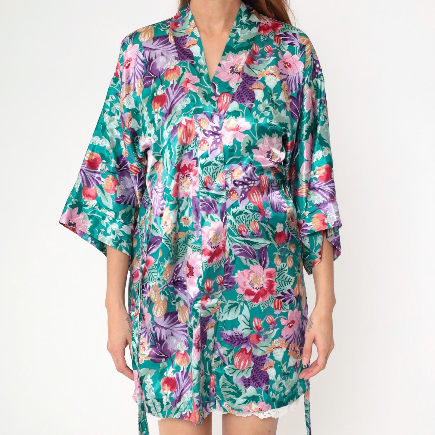 90s Floral Satin Kimono Robe Mini Green Wrap Front Small Medium Large