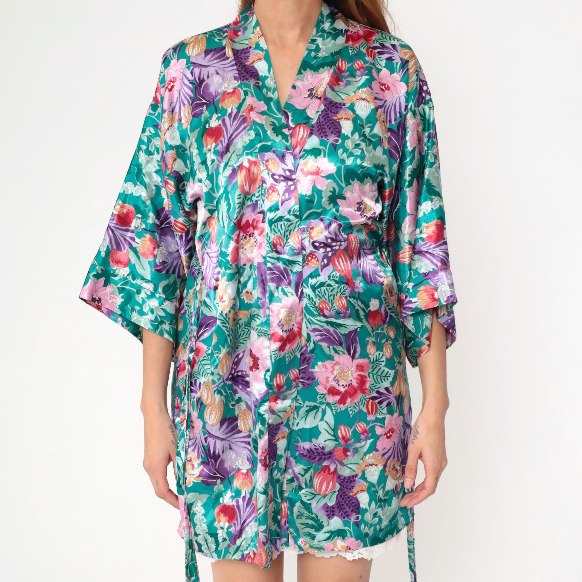 90s Floral Satin Kimono Robe Mini Green Wrap Front Small Medium Large