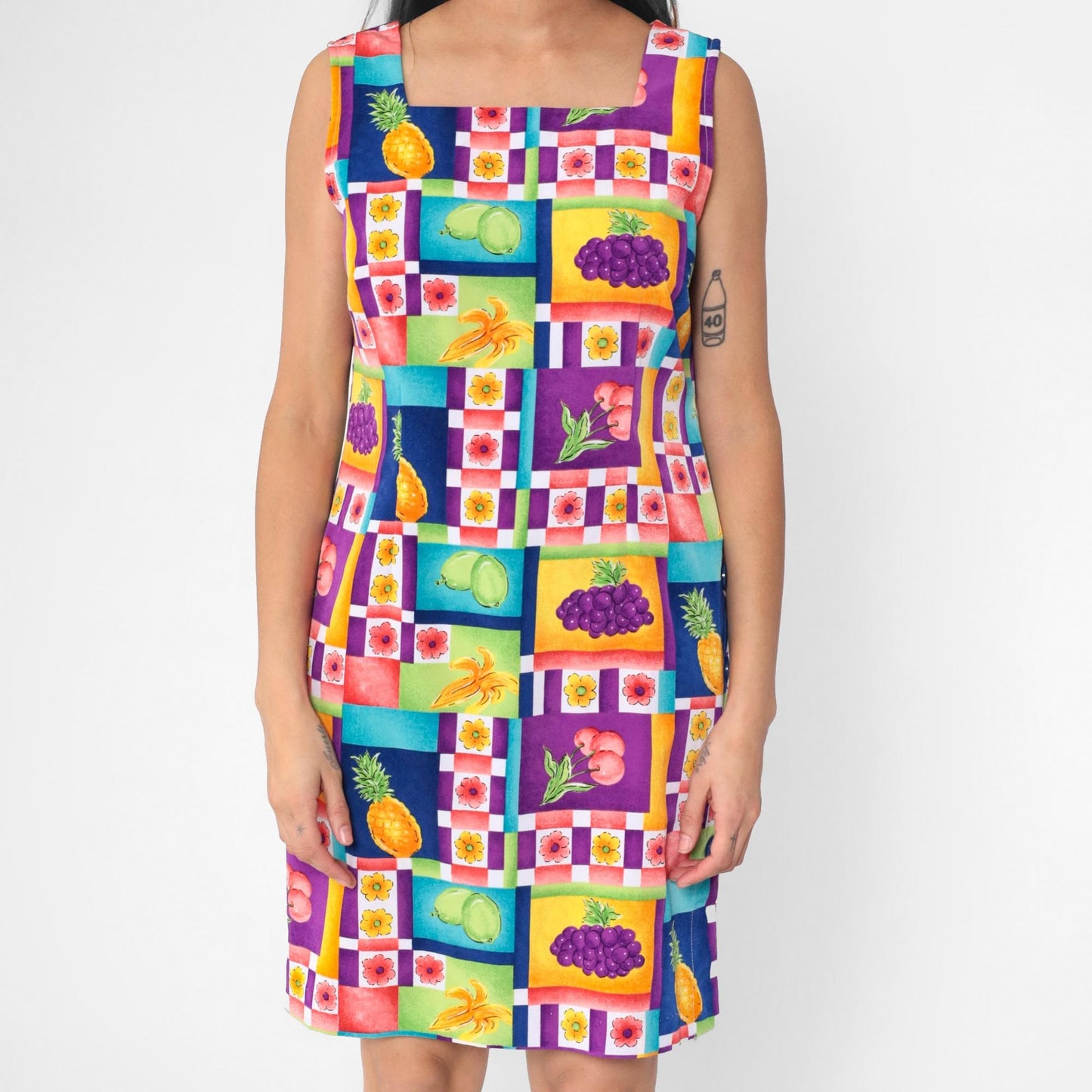 90s Sag Harbor Fruit Floral Mini Dress Sleeveless Square Neck Sheath Medium Petite