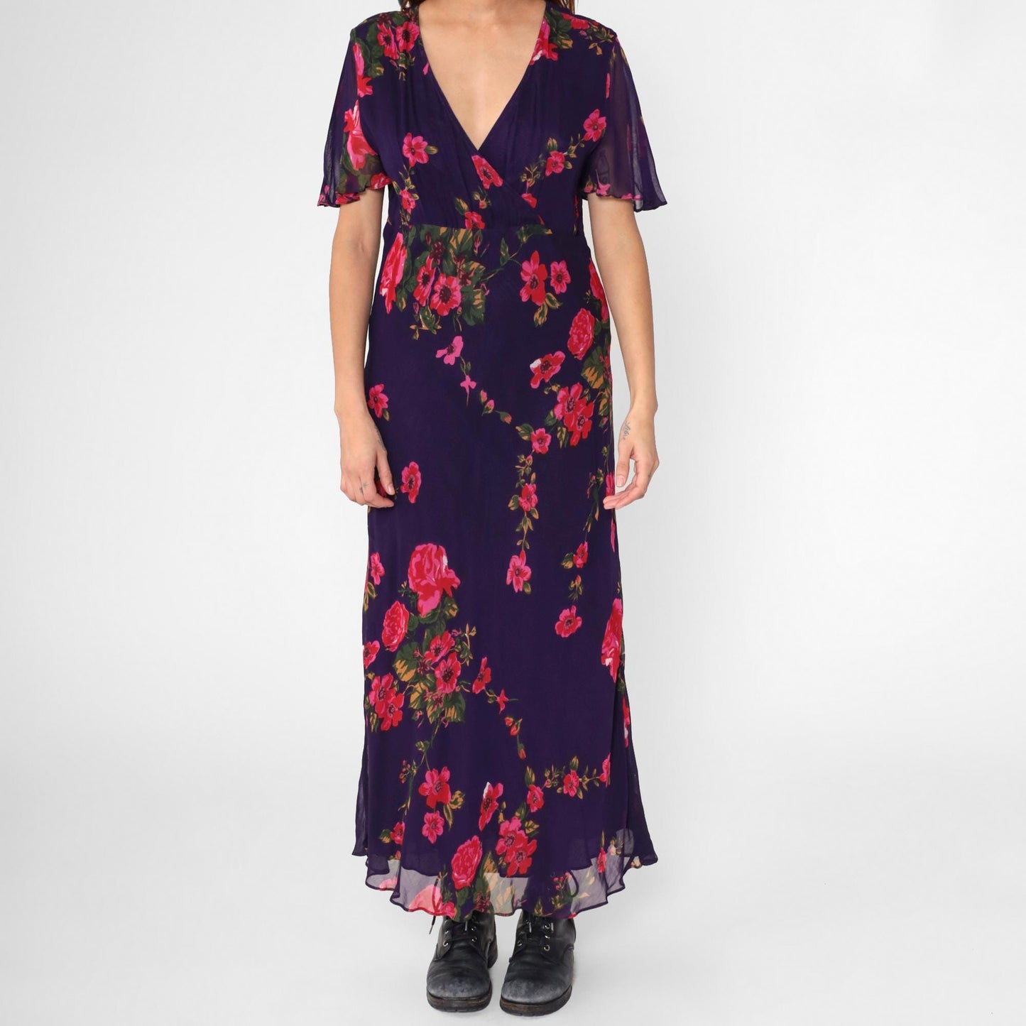 Y2K Purple Floral Chiffon Maxi Dress Flutter Sleeve High Waist V Neck Large L