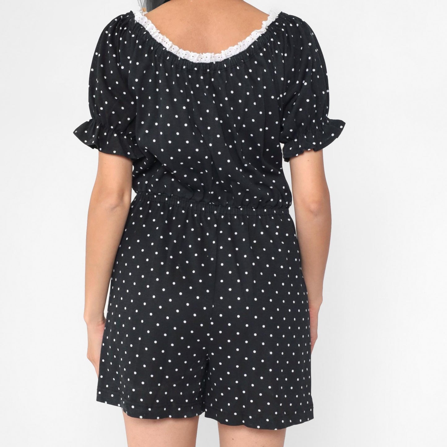 80s Black White Polka Dot Romper Eyelet Lace Puff Sleeve Playsuit Small
