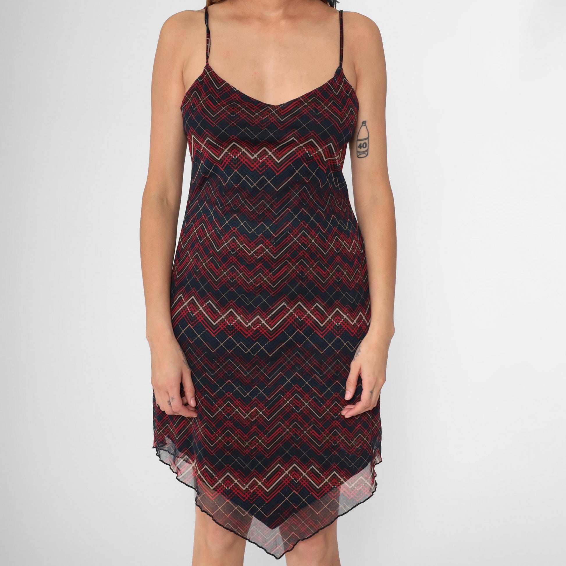 Y2K Xhiliration Zig Zag Striped Mesh Mini Dress Sweetheart Hanky Hem Large L
