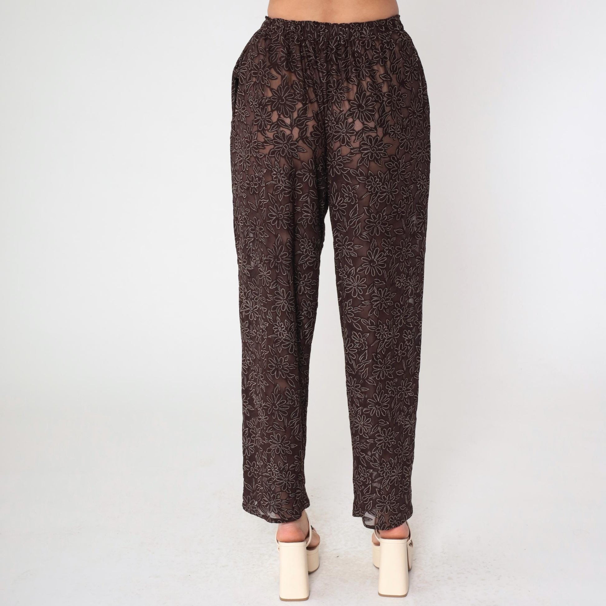 90s Brown Sheer Floral Burnout High-Waist Straight Tapered Trousers Small
