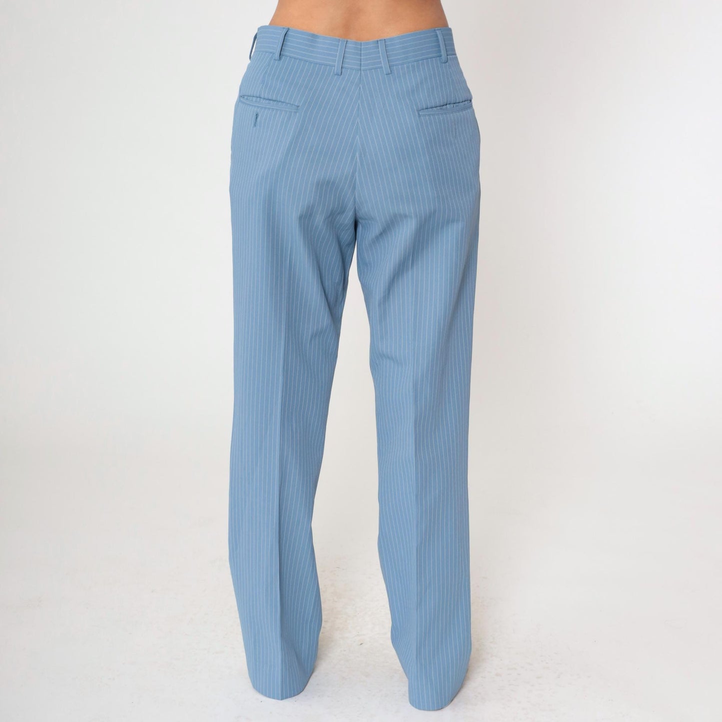 70s Blue Pinstripe Straight Leg Trousers High Waist White Stripes Men's Medium 32