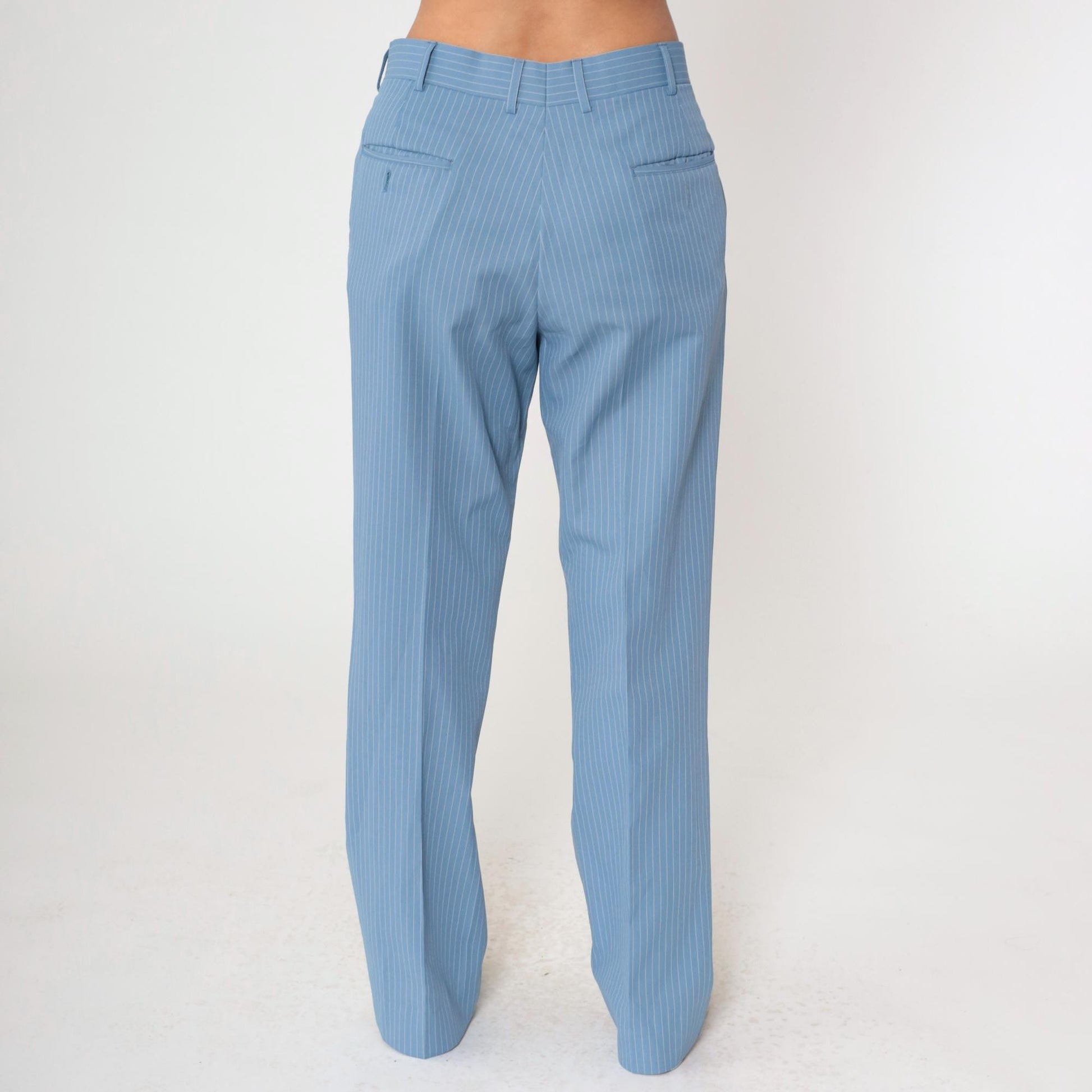 70s Blue Pinstripe Straight Leg Trousers High Waist White Stripes Men's Medium 32