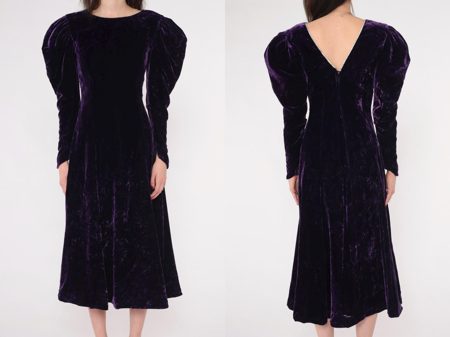 80s Purple Velvet Midi Dress Puff Sleeve A-Line Rhinestone V-Back Extra Small