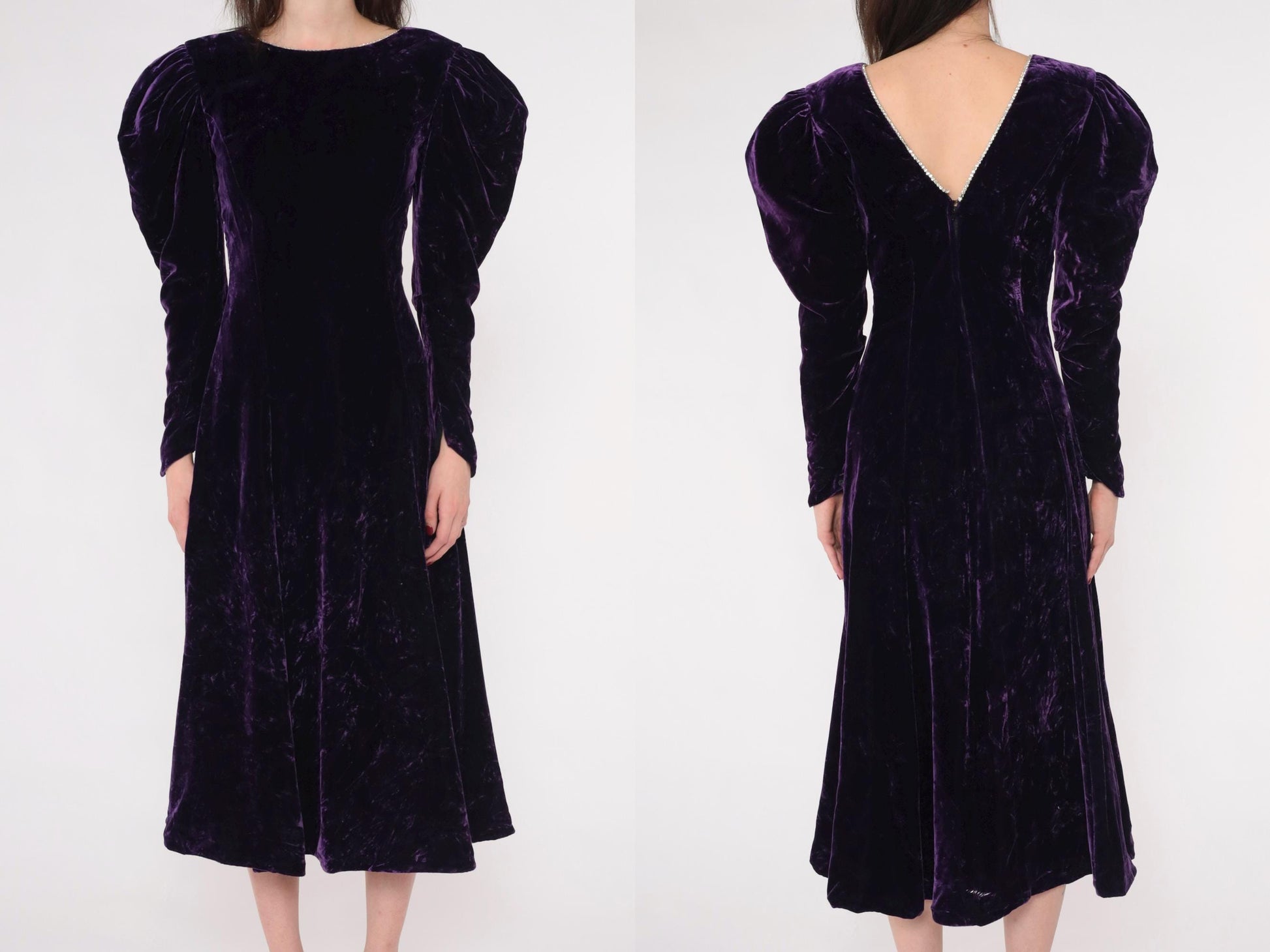 80s Purple Velvet Midi Dress Puff Sleeve A-Line Rhinestone V-Back Extra Small